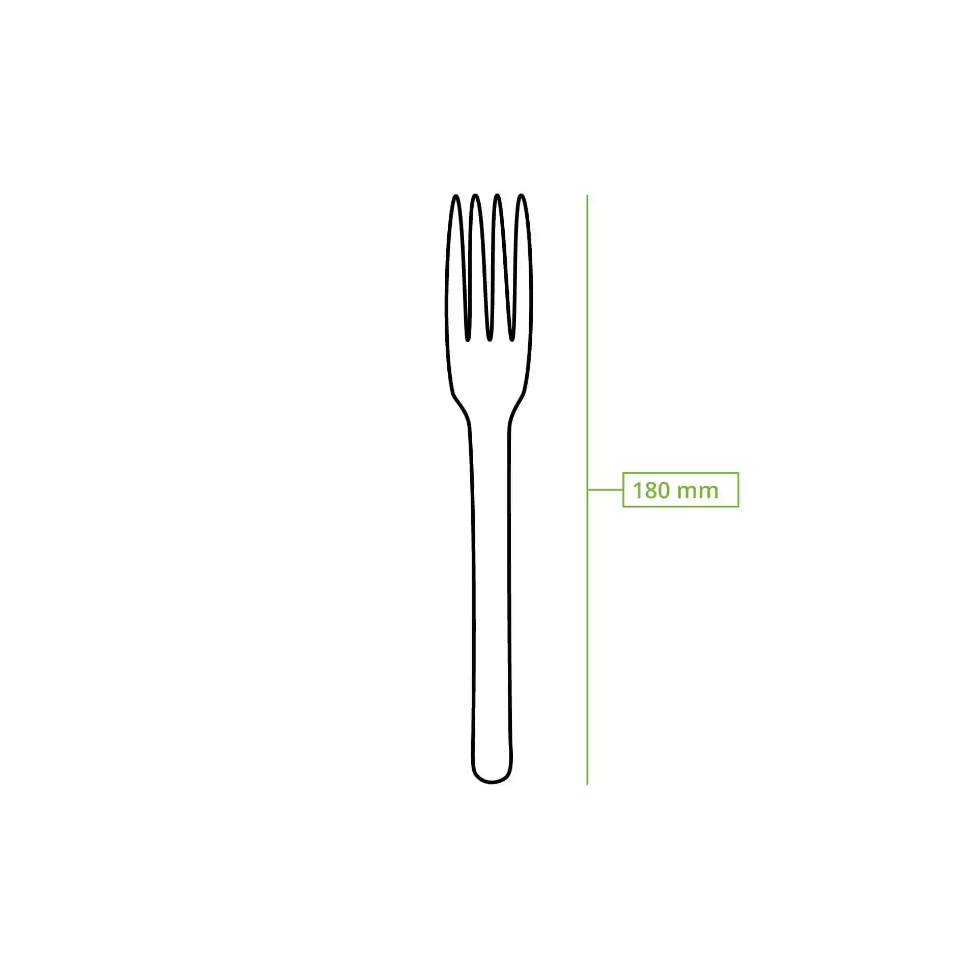 Schematic drawing of a brown reusable fork, measuring 180 mm in length.