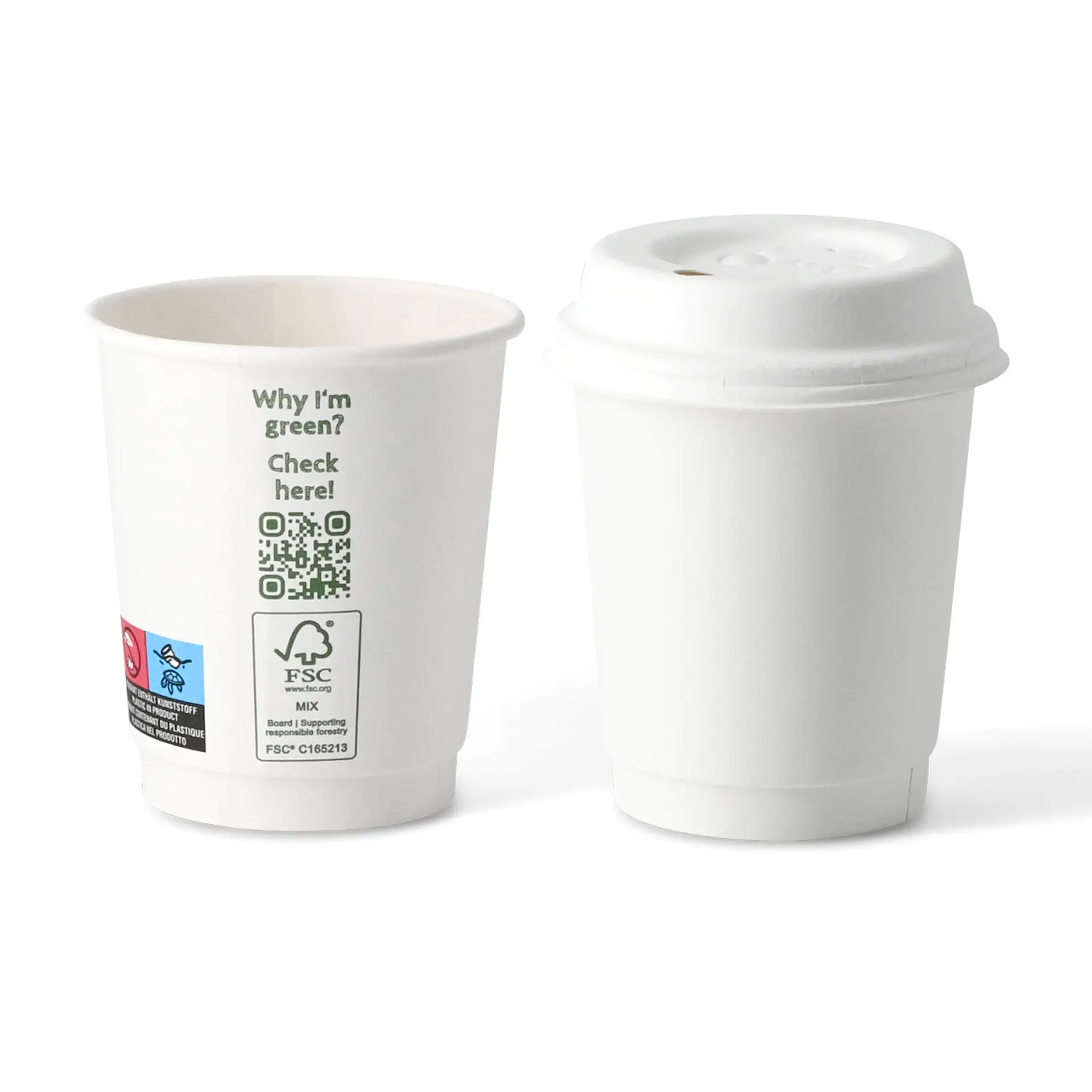 Kaffee to go Becher, 200 ml / 8 oz, Ø 80 mm, doppelwandig, weiß, PLA-beschichtet