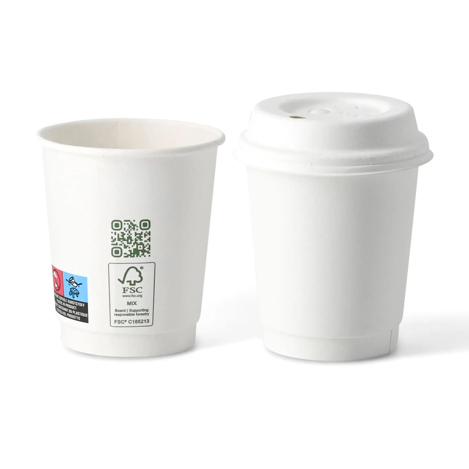 Two white double-walled biodegradable coffee cups; one without a lid and one with a lid, featuring eco-friendly markings.