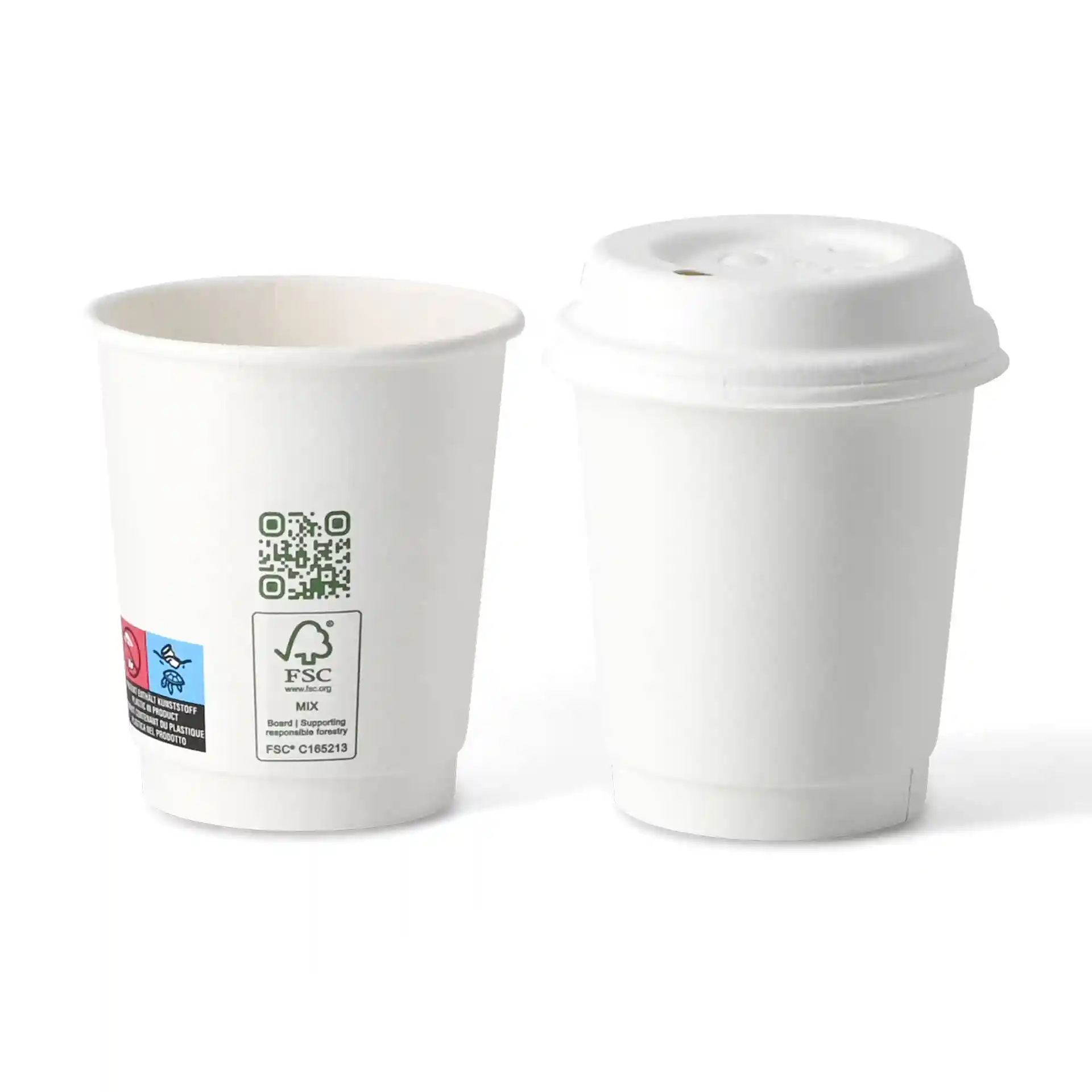 Weißer doppelwandiger Becher mit Deckel, 200 ml Fassungsvermögen, 90 mm Höhe und 80 mm Durchmesser.