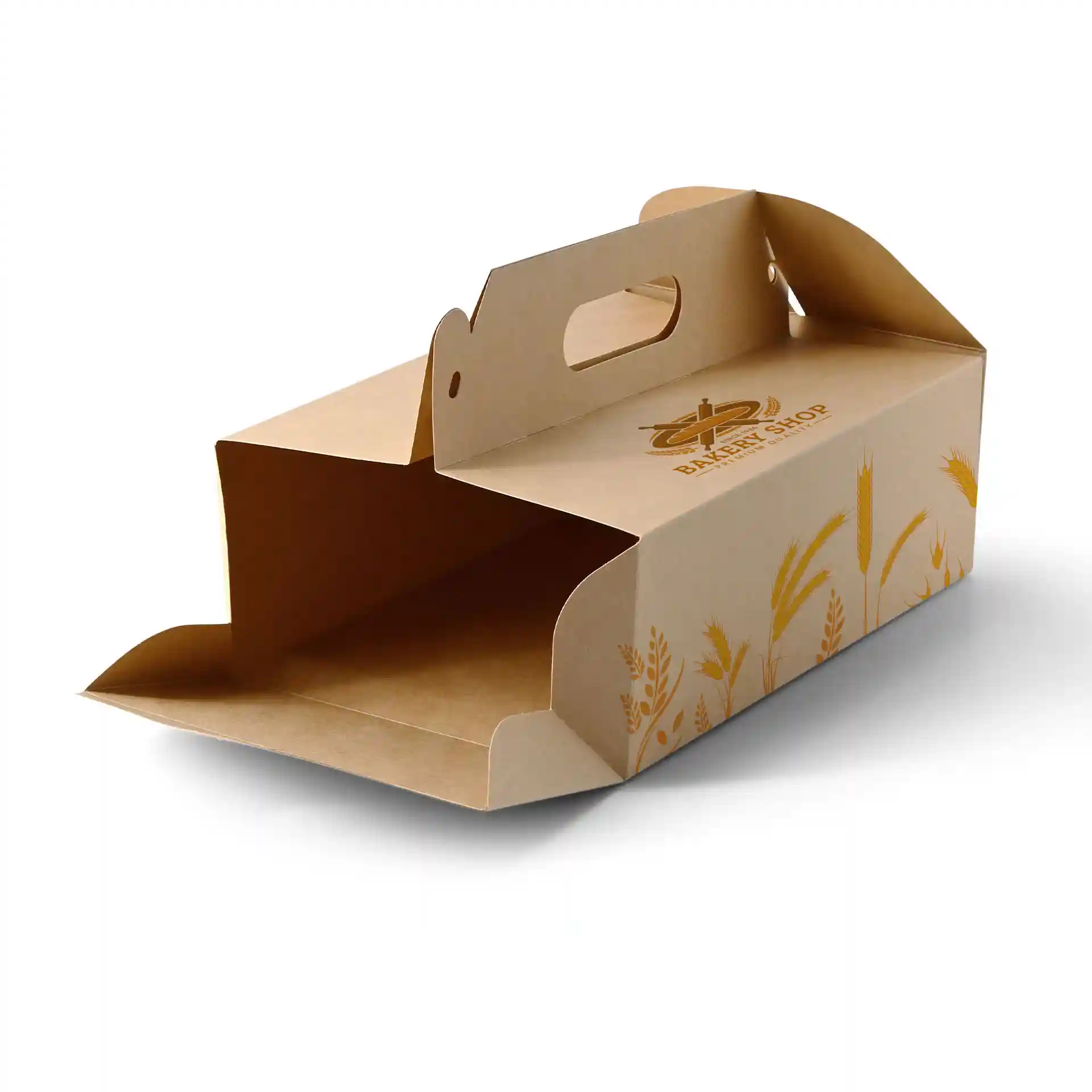 Braune, individuell bedruckte Kuchenbox mit Griff, Maße 26 x 17 x 9 cm, teilweise geöffnet und zeigt das Innere.