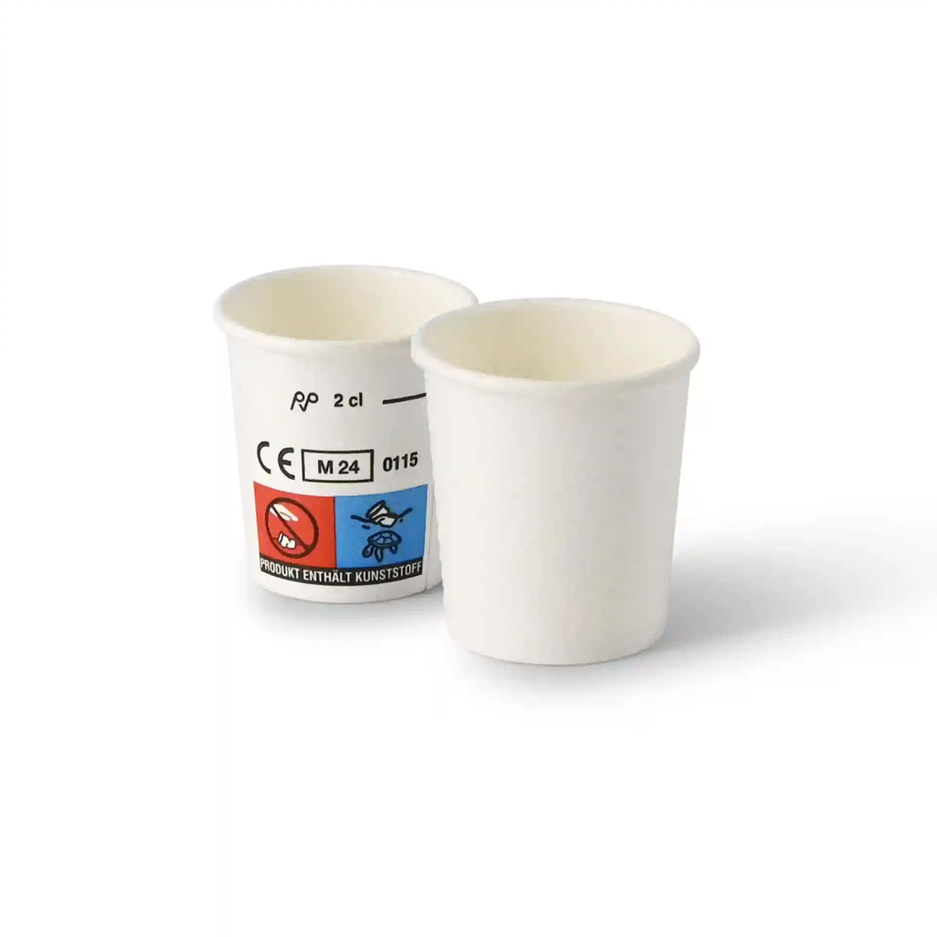 Weiße Becher, zwei Stück, runde Form, 20 ml Kapazität, mit Beschichtung, Sicherheitszeichen an der Seite.
