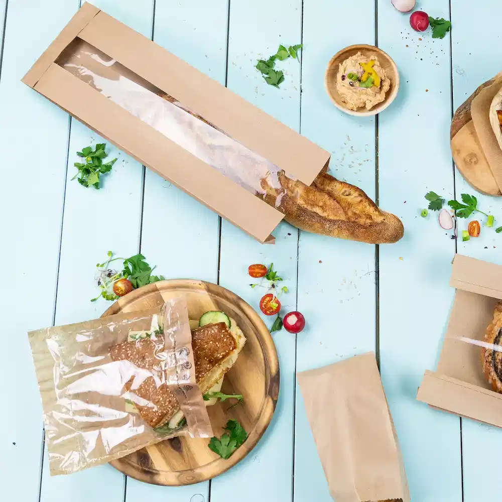 Brown paper sandwich bags with a clear window, sesame seed bun in a plastic bag, and fresh vegetables on a blue table.