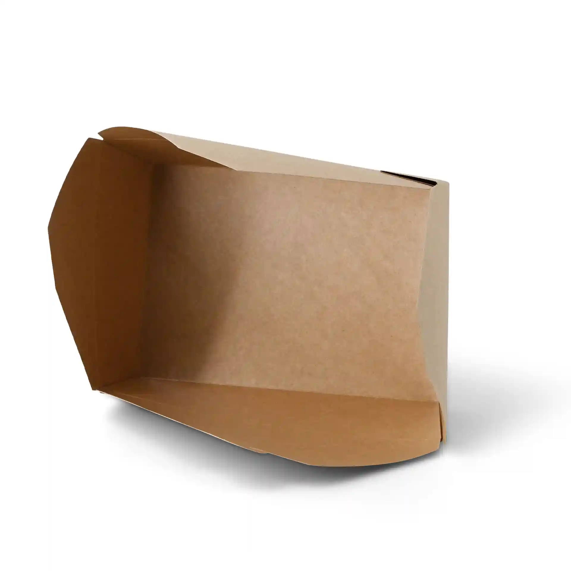 Brown rectangular takeaway container made of cardboard, shown from an angle with an open top and no viewing window.