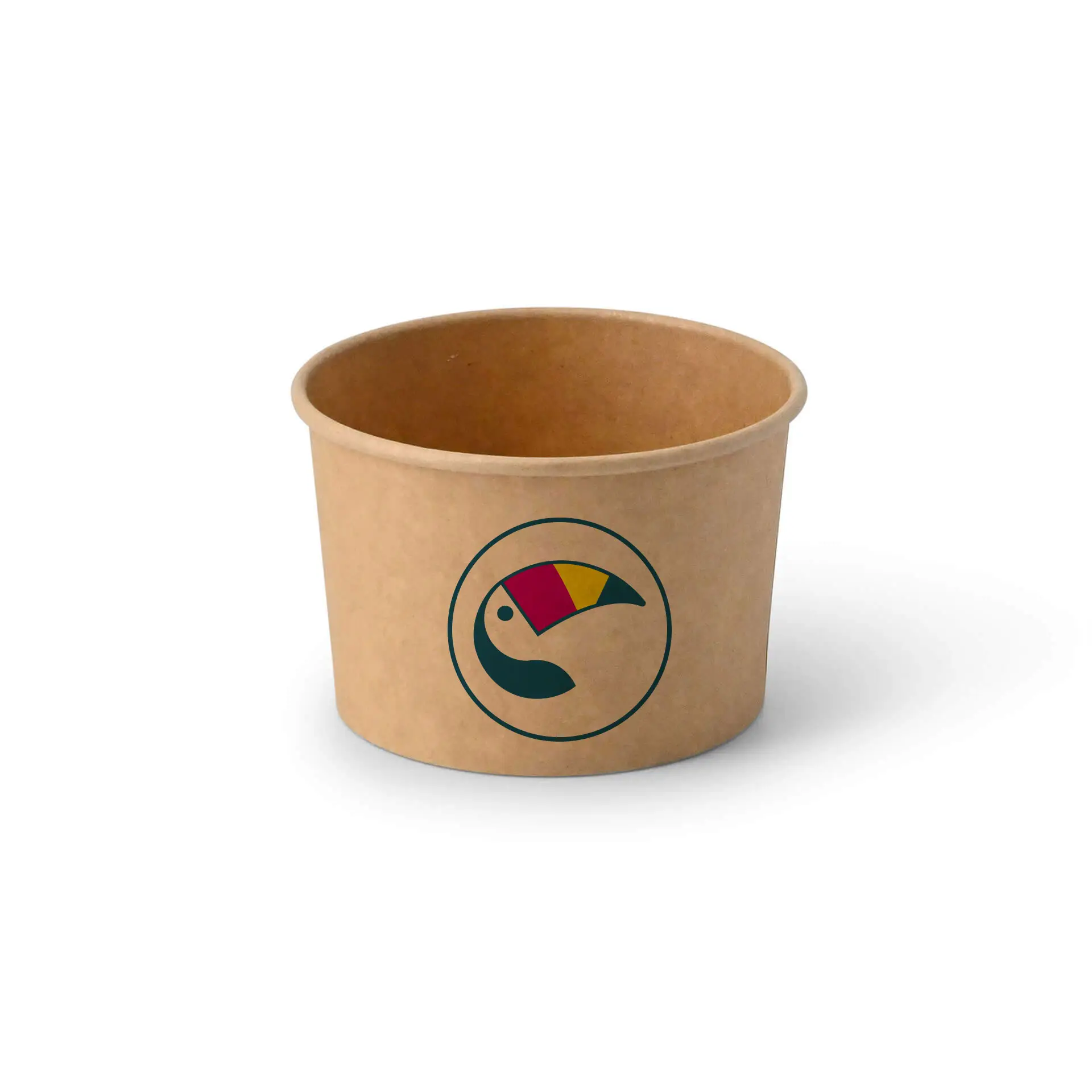 Brown ice cream cup with a circular logo image featuring a stylized toucan in red, yellow, and green.
