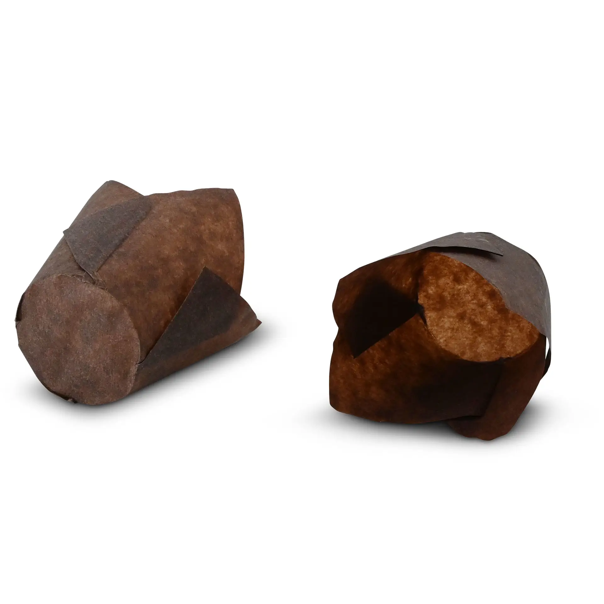 Brown greaseproof paper muffin cups, shaped like cones, with a 5 cm diameter, two shown at different angles.