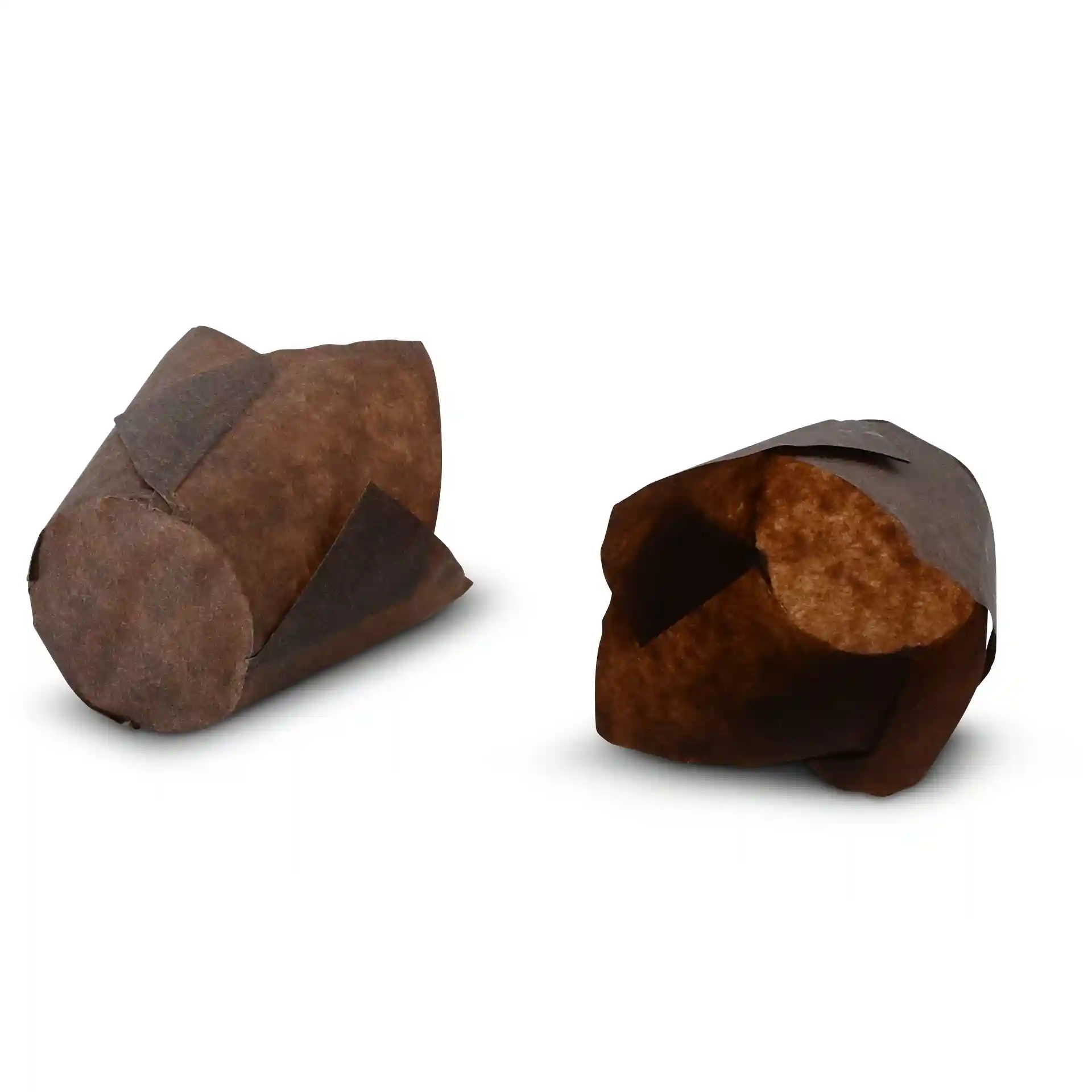 Brown paper muffin cups with a height of 8 cm and a bottom diameter of 5 cm, shown in two positions.