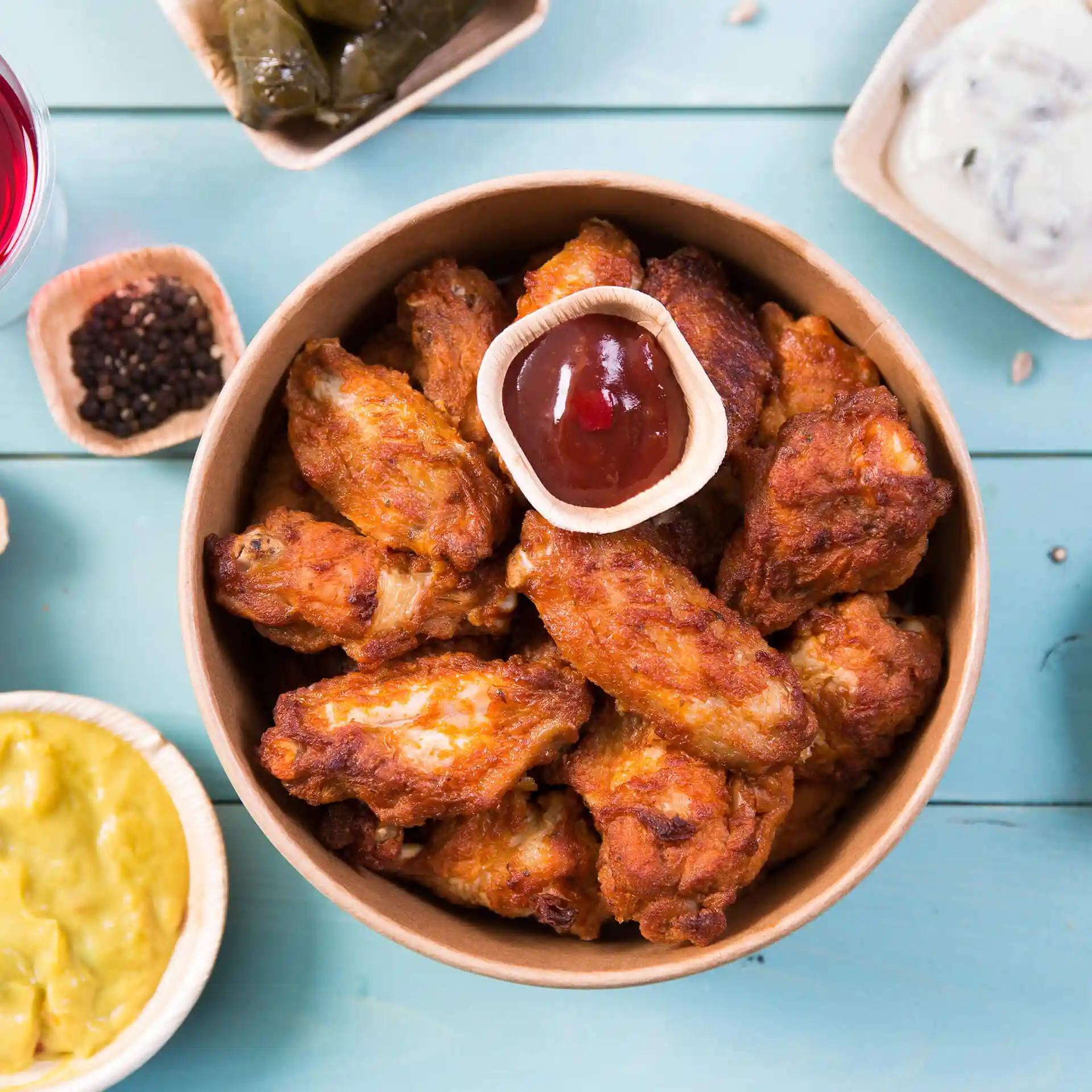 Schüssel mit frittierten Hähnchenflügeln, garniert mit einer kleinen Portion Ketchup, umgeben von Gewürzen auf blauer Fläche.