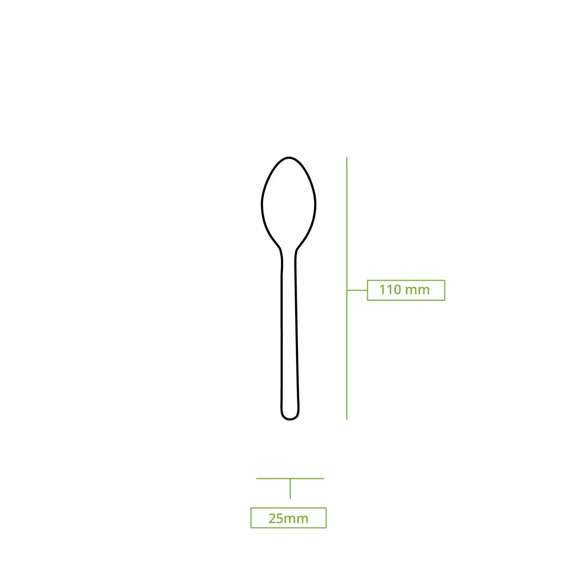 Schematic drawing of a wooden espresso spoon, measuring 110 mm in length and 25 mm in width.