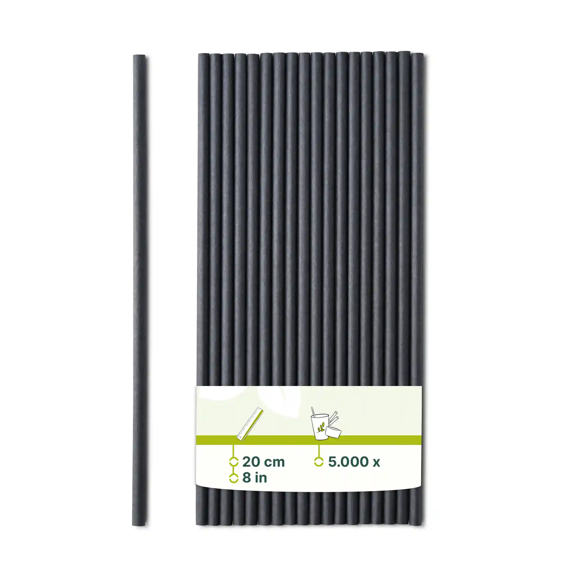 Black paper straws, 20 cm long and 0.5 cm in diameter, arranged vertically with a label showing product details.