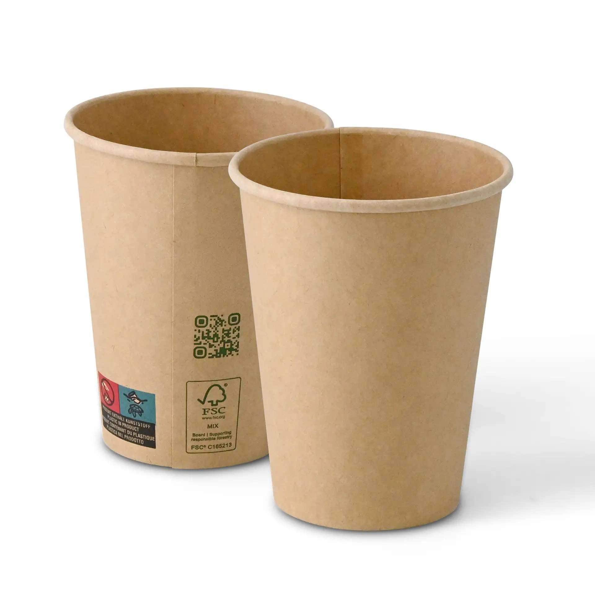 Brown paper cups, 300 ml capacity, single wall, with a diameter of 90 mm, shown from the side.