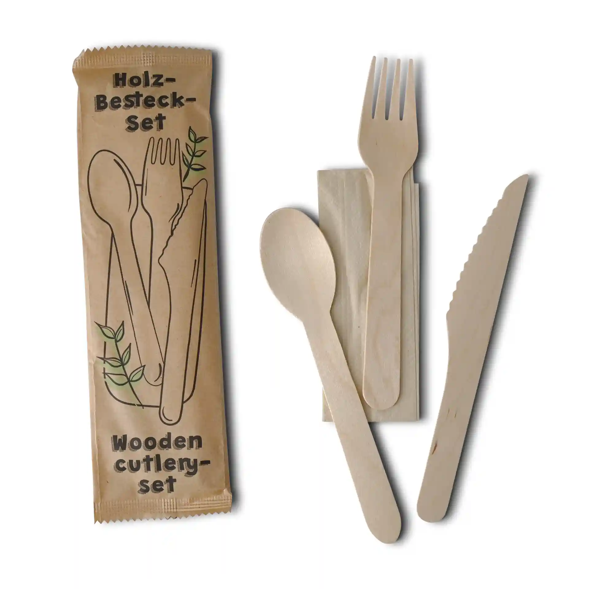 Wooden cutlery set including a knife, fork, spoon, and napkin, packaged in a brown wrapper with illustrations.