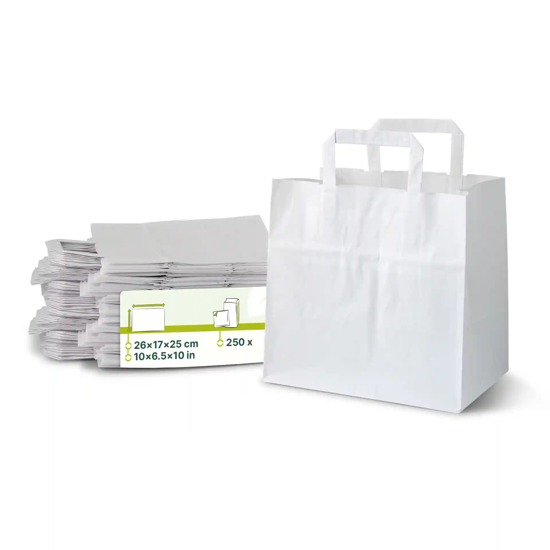 White kraft paper carrier bag with a wide base, dimensions 26 x 17 x 25 cm, next to a stack of similar bags.