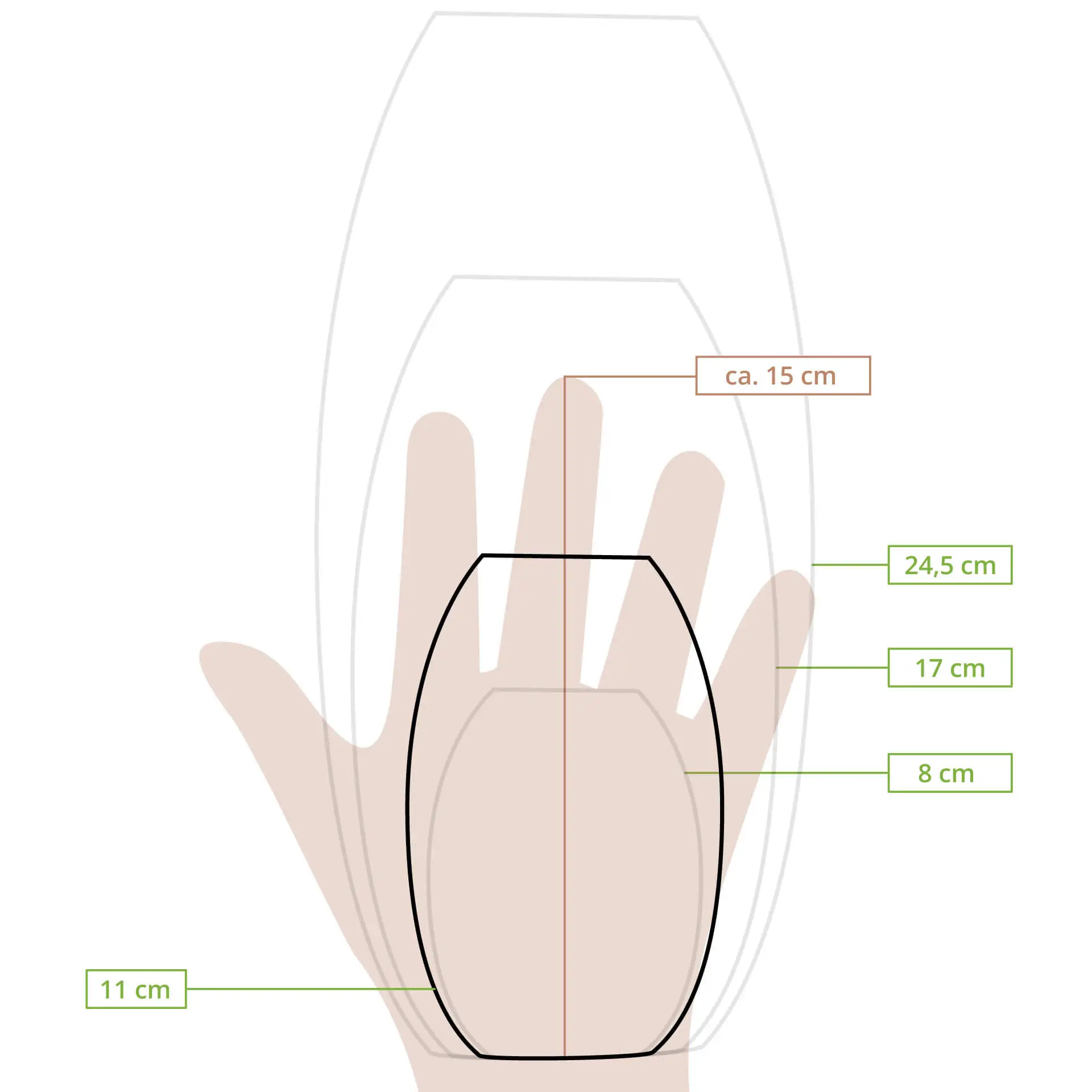 Schematic drawing of a boat shape with dimension lines showing height, length, and width measurements.