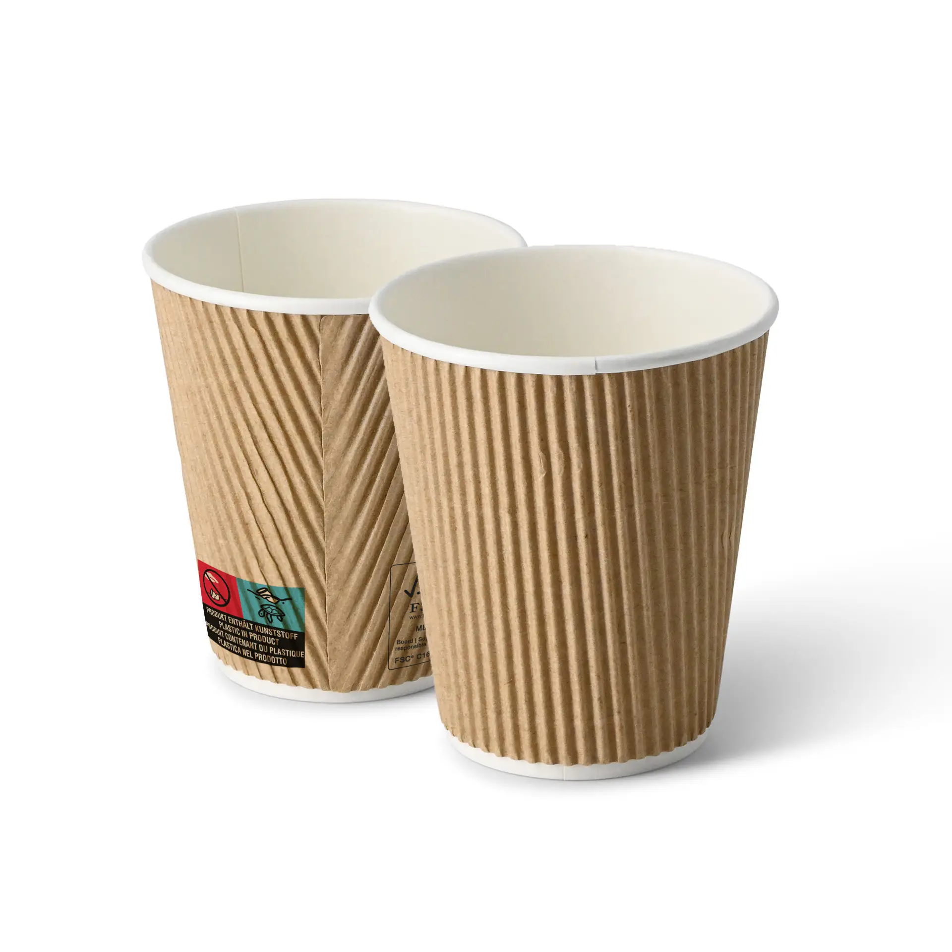 One brown ripple take away coffee cup with a white interior; another cup partially visible behind.