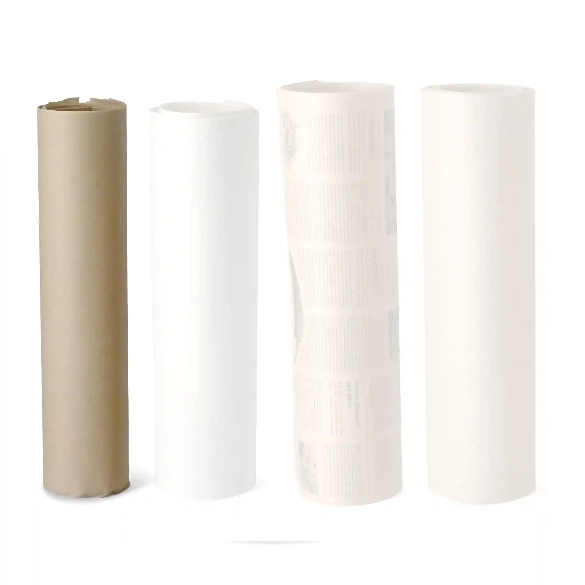 Image of four rolls of food wrapping paper in various colors: brown kraft, white, and printed white.