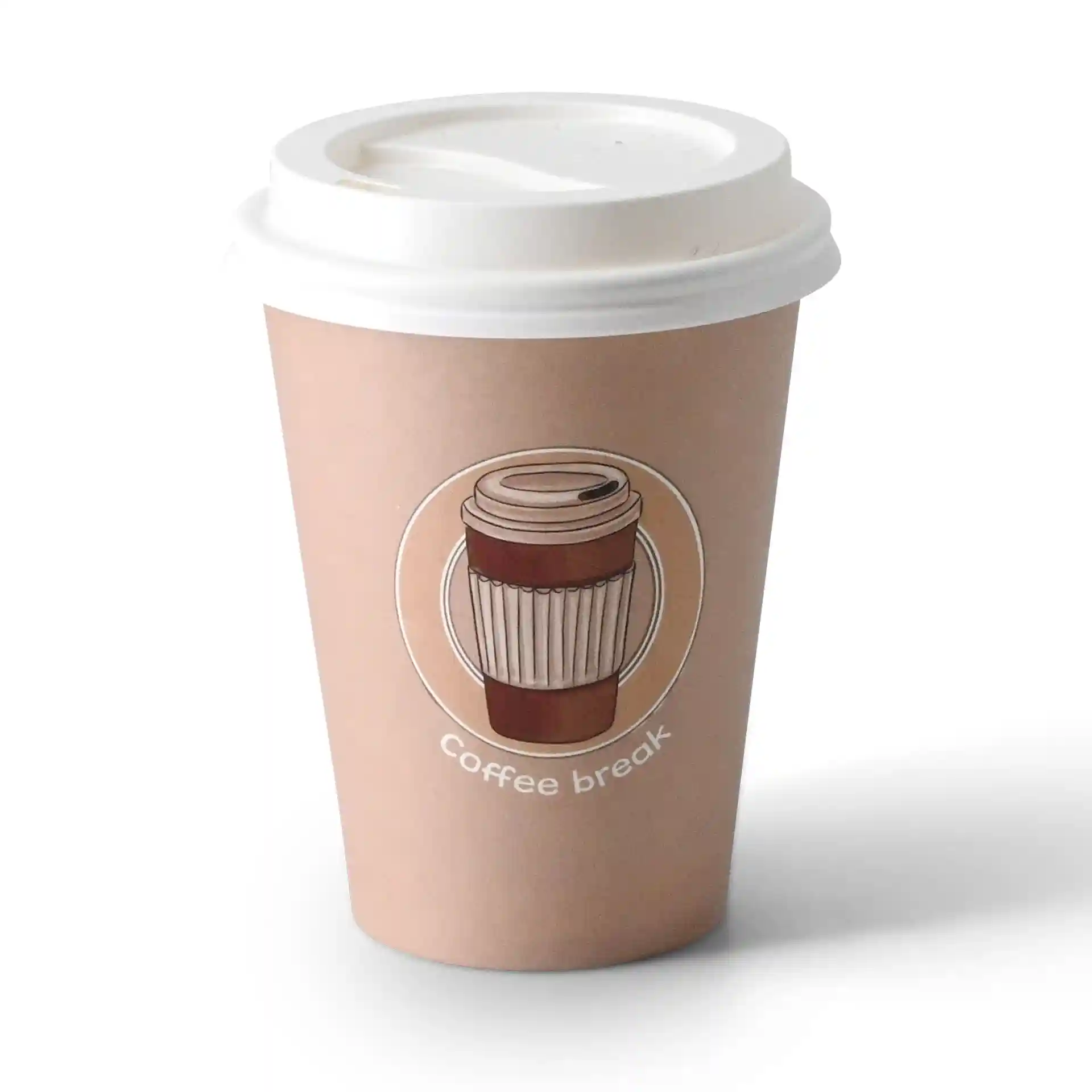 Brown paper cup with a white lid, featuring a printed coffee cup design and the text "Coffee break."