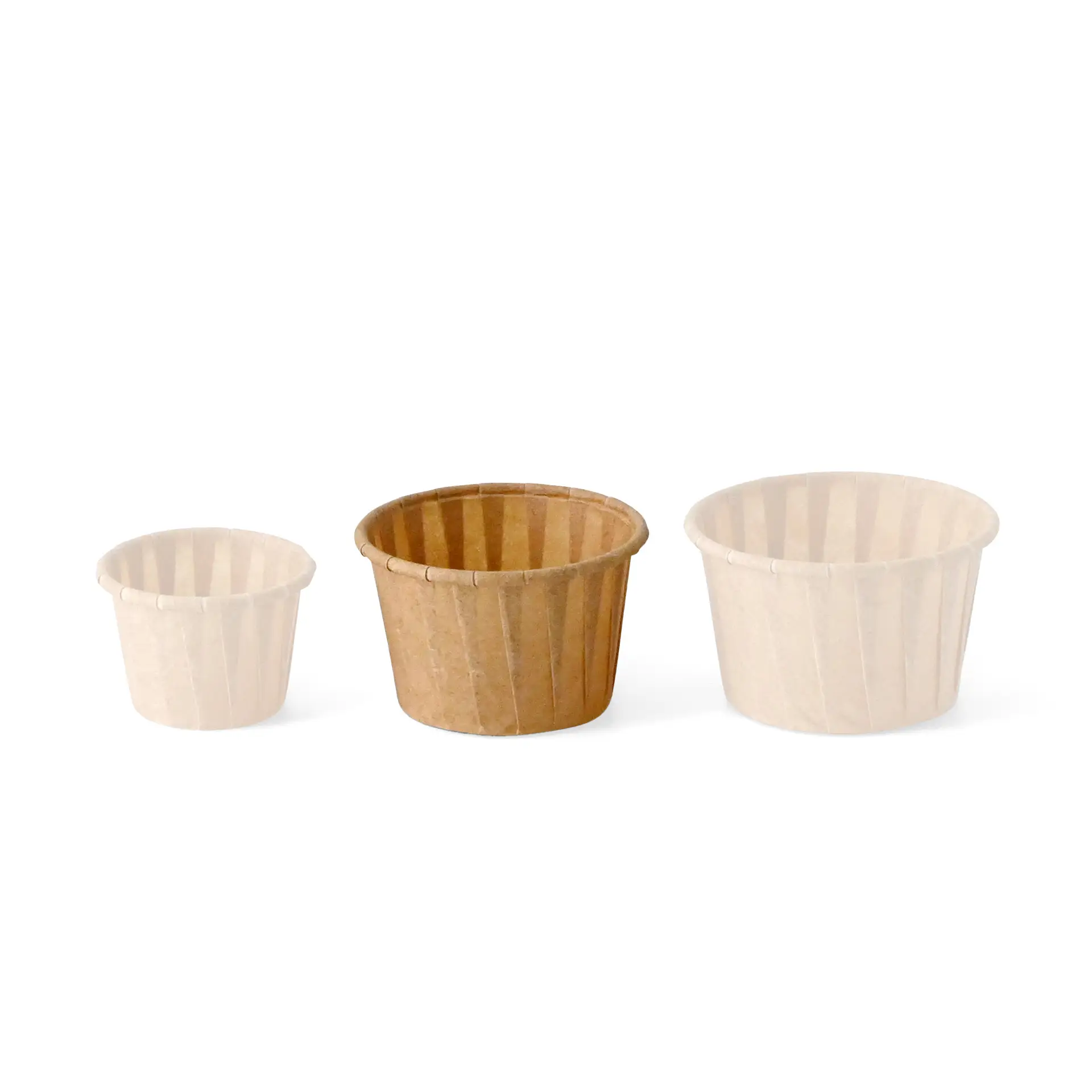 Three brown paper cups of varying sizes, designed for serving dips or small portions, made from biodegradable material.
