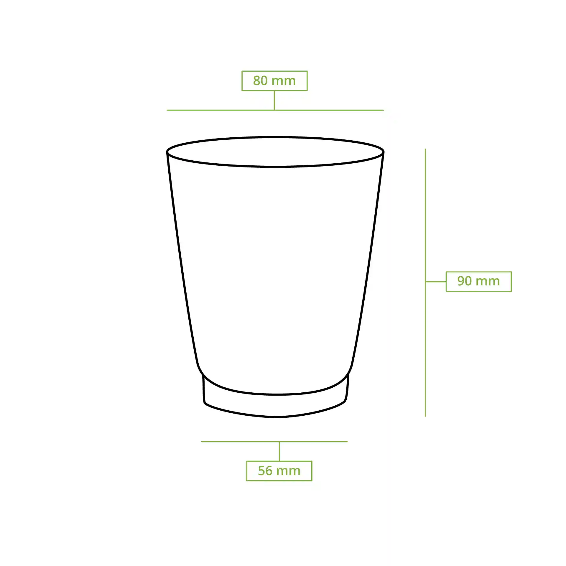 Schematische Zeichnung eines doppelwandigen Bechers mit Abmessungen: 80 mm Durchmesser oben, 90 mm Höhe, 56 mm Durchmesser unten.