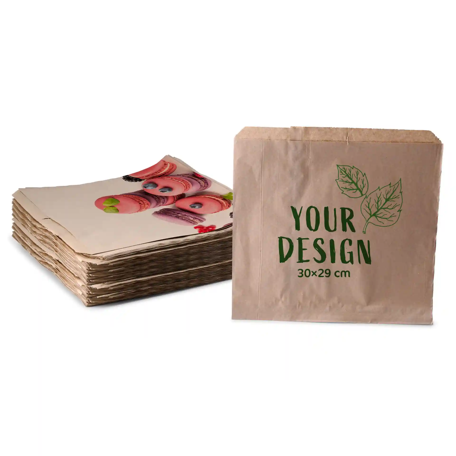 Brown flat bags measuring 30 × 29 cm, with a stack of printed sheets featuring colorful macaron designs.