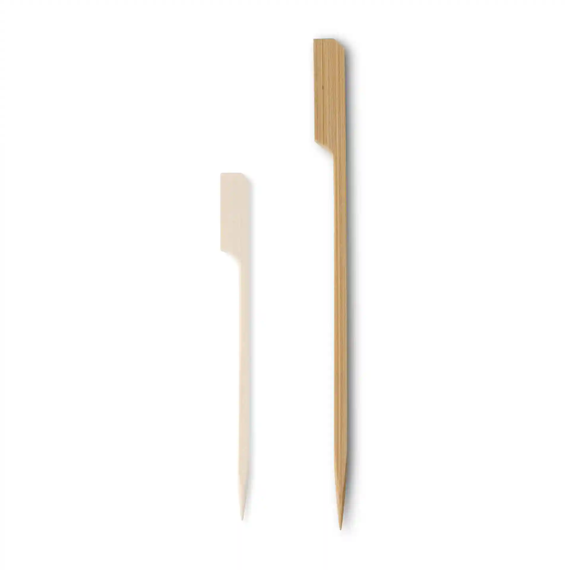Image of two bamboo paddle skewers, one shorter and lighter, the other longer and darker, both with flat tops.