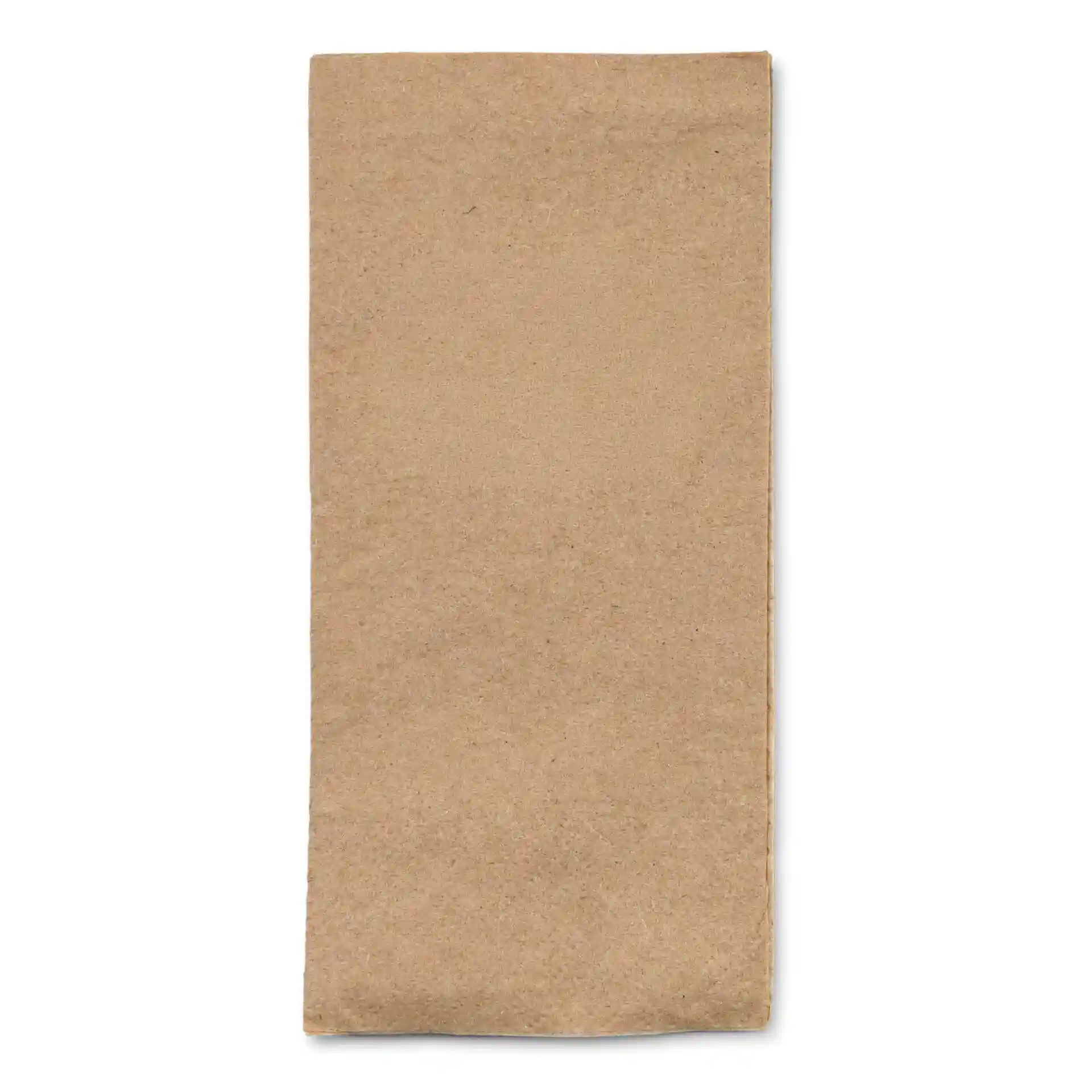 Etikett auf ungebleichtem Recyclingpapier-Serviette mit grünem Text "Von der Natur gemacht" und "100% recycelbar".