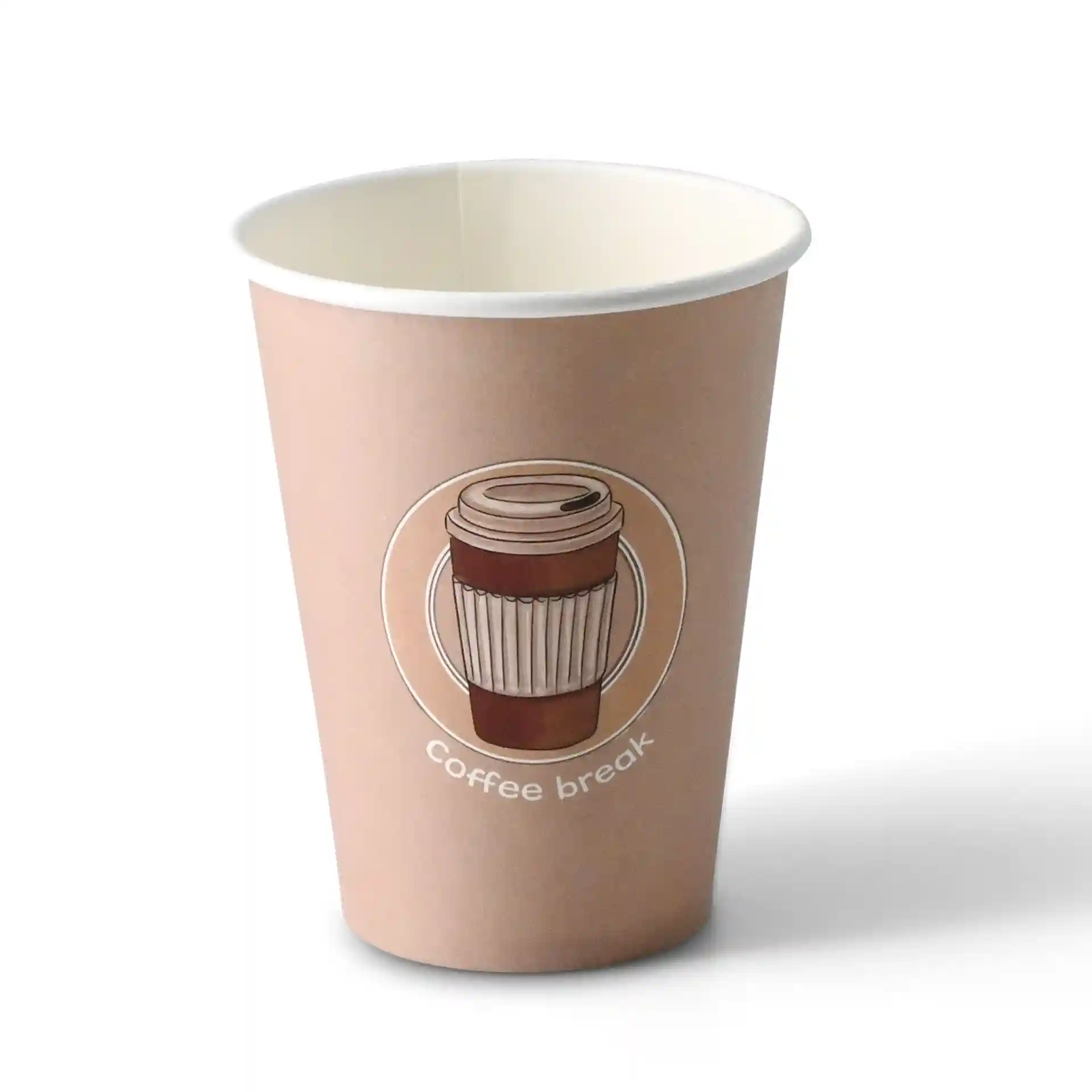 Brown paper cup with a printed coffee cup design and the text "coffee break," made of cardboard.