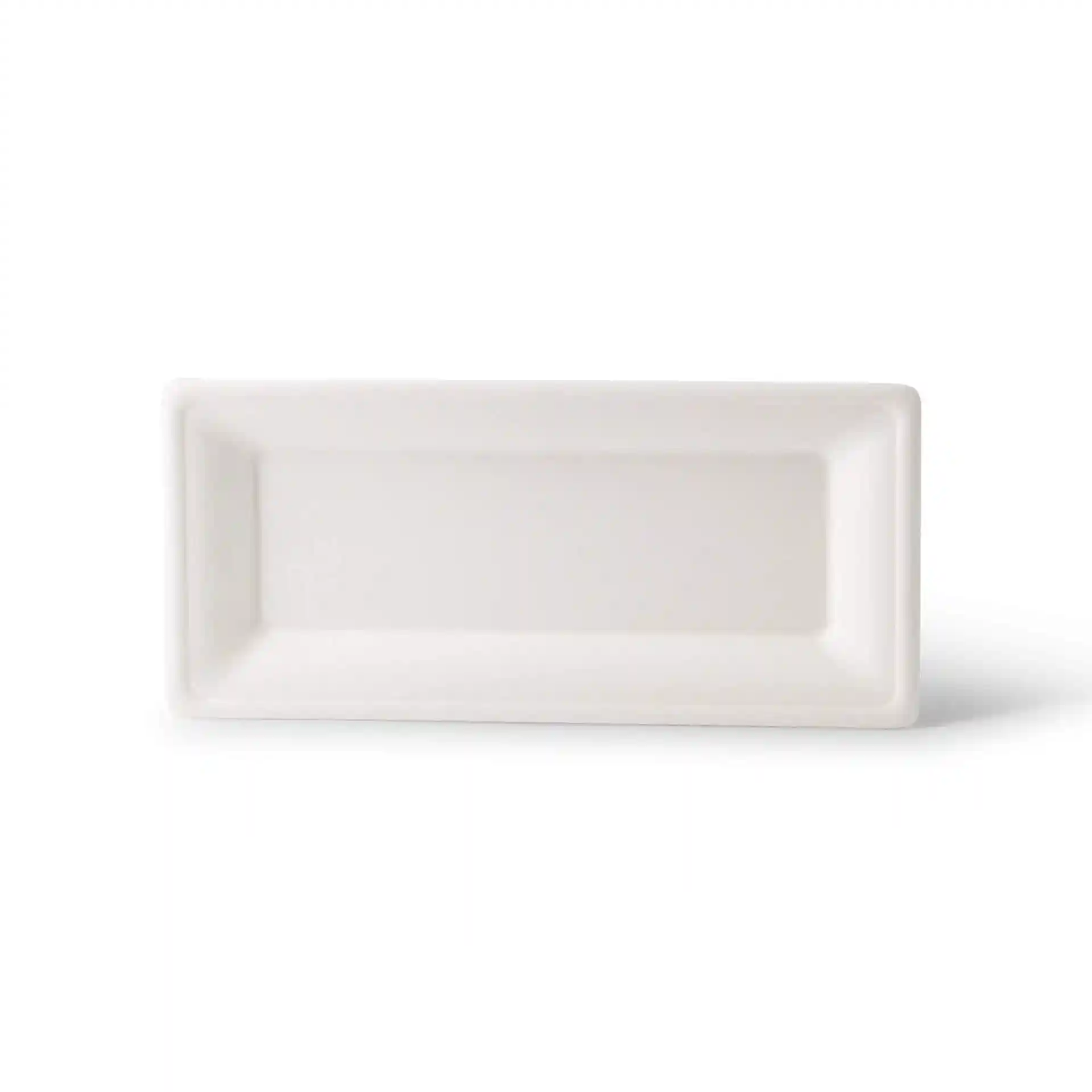 Rechteckiger weißer Zuckerrohr-Teller mit den Maßen 26 x 13 cm und einer Höhe von 15 mm.