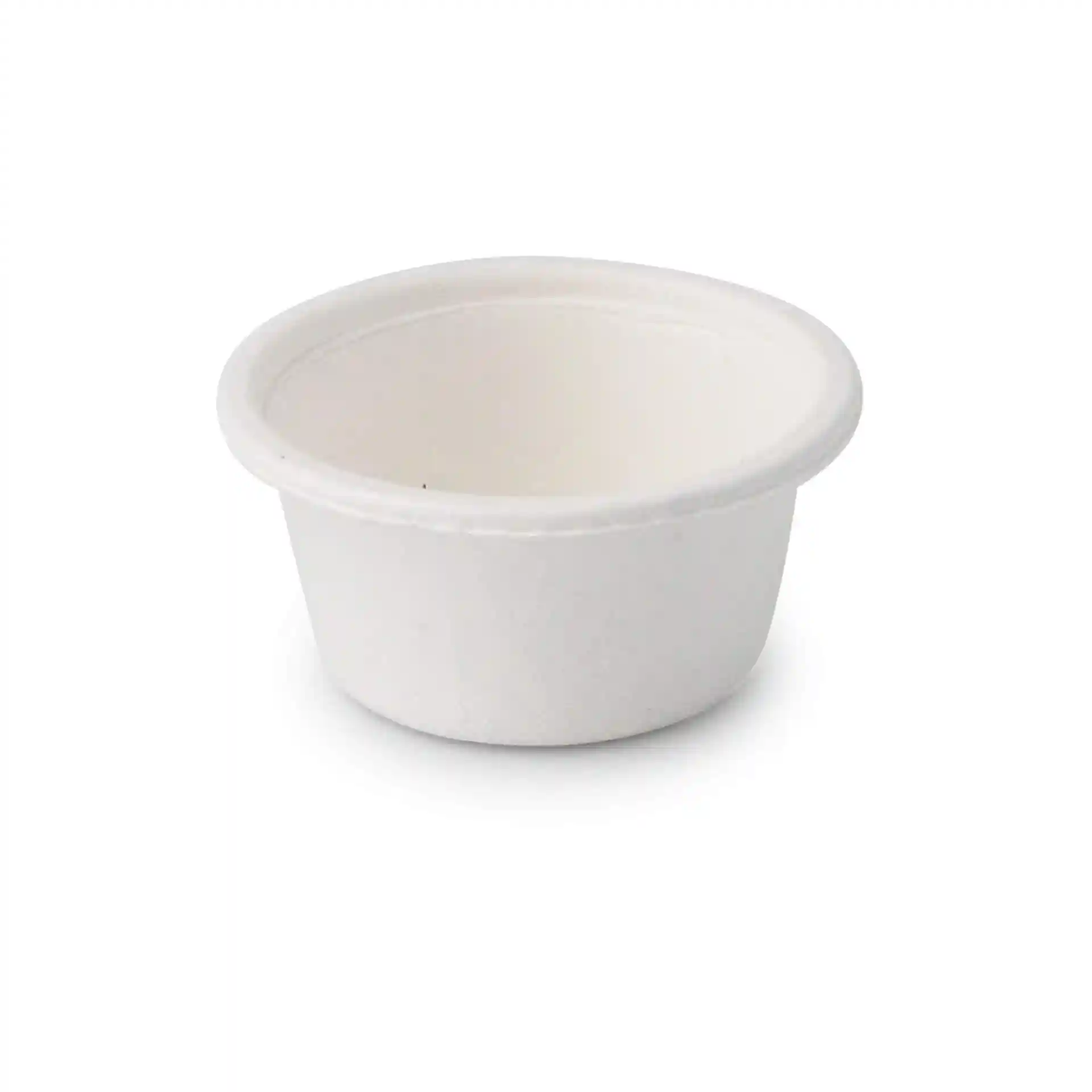 Weißer runder Becher aus Bagasse mit einem Durchmesser von 62 mm und einer Höhe von 30 mm, fasst bis zu 50 ml.