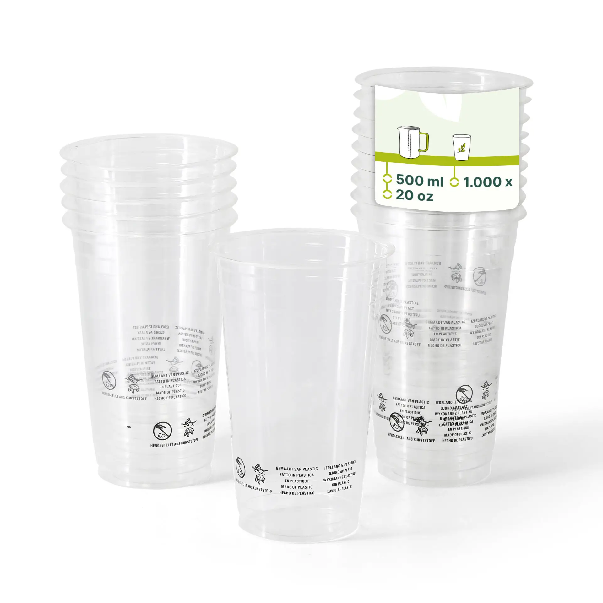 Clear PLA plastic cups stacked, each with a capacity of 500 ml and a diameter of 95 mm.