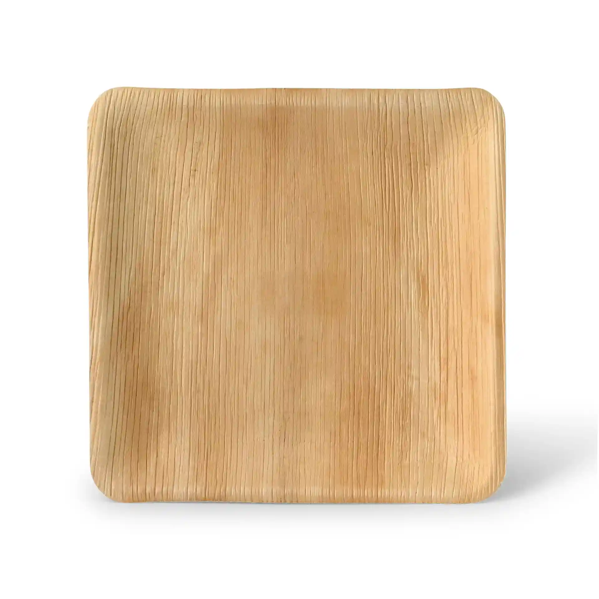 Square palm leaf plate with a natural grain texture, measuring 23 x 23 cm and 2.4 cm in height.