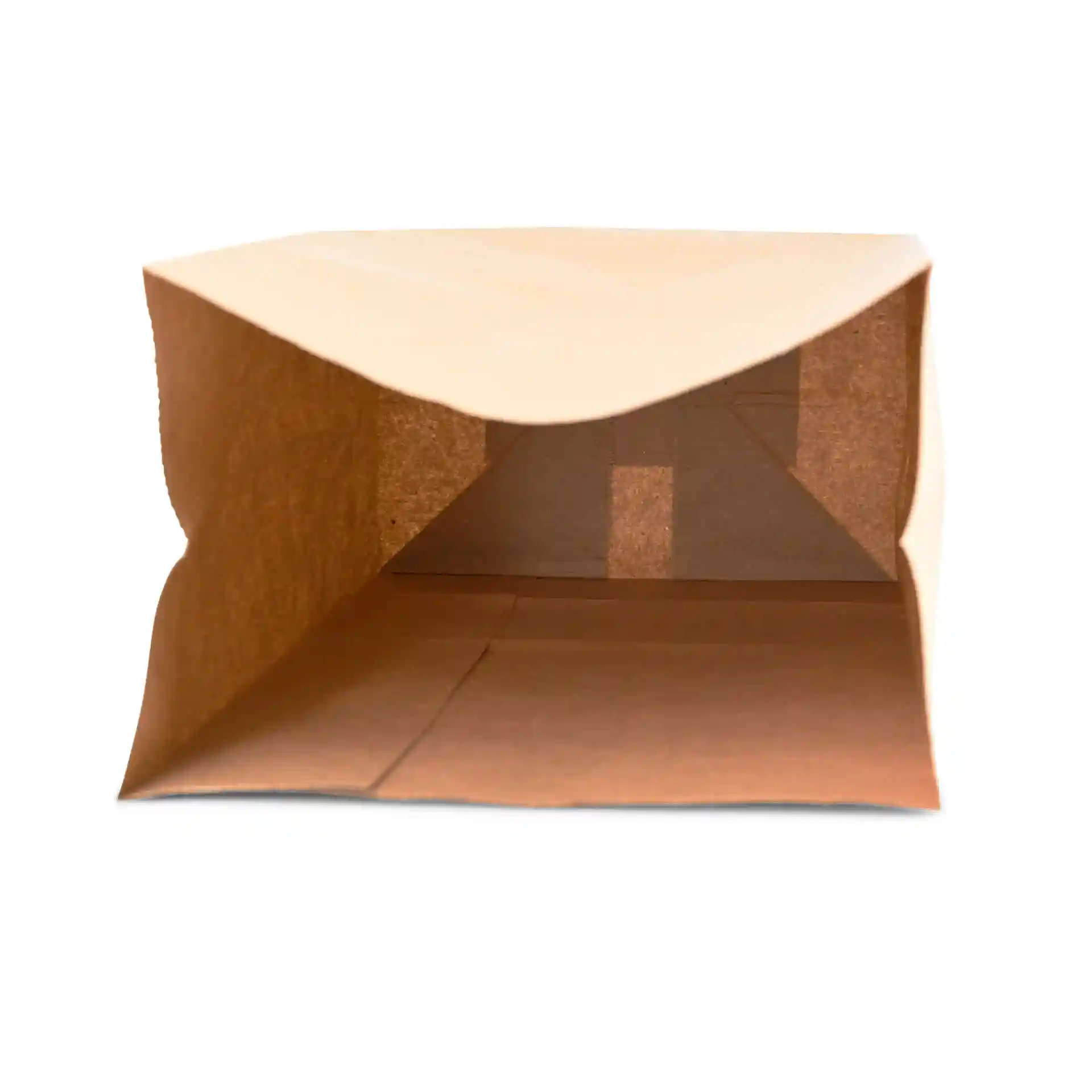 Brown kraft paper block bottom bag with an open top, showing the interior dimensions and structure.
