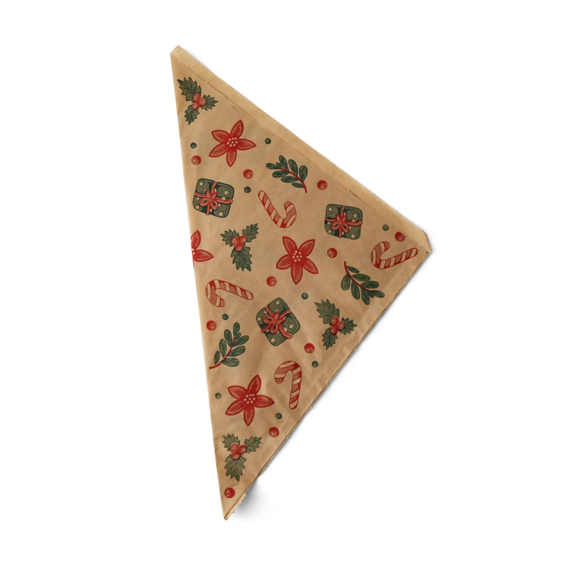 Brown greaseproof bag with winter-themed design featuring gifts, flowers, and candy canes, measuring 23 x 23 cm.