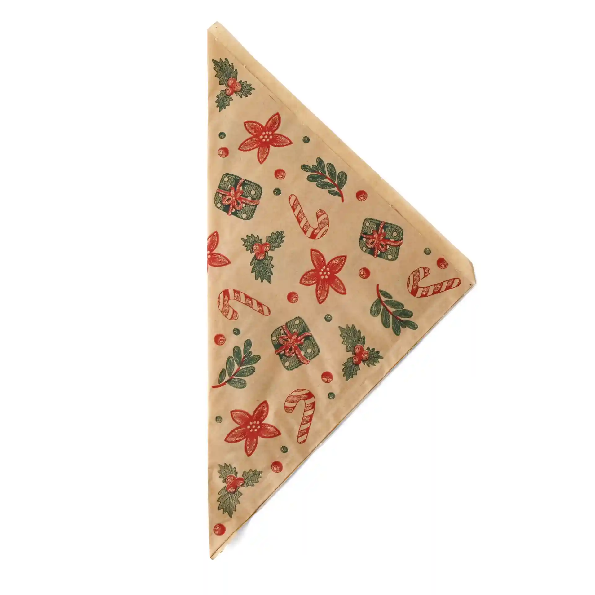 Braune fettdichte Tüte mit winterlichem Design, roten Blumen, Zuckerstangen und grünen Blättern.