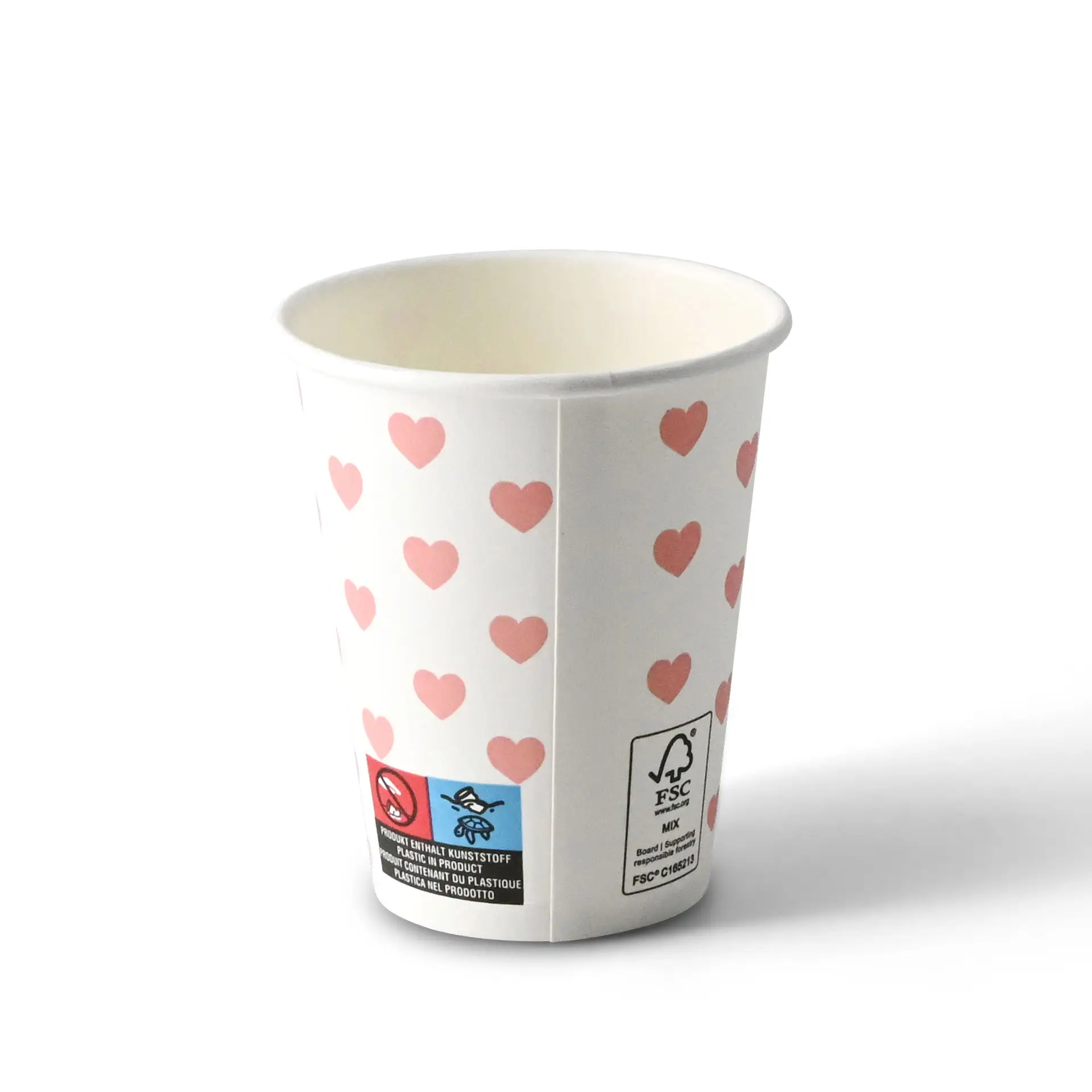 Weißer Becher mit pinkem Herzmuster, 8 oz Kapazität, runde Form, Kartonmaterial und beschichtete Oberfläche.