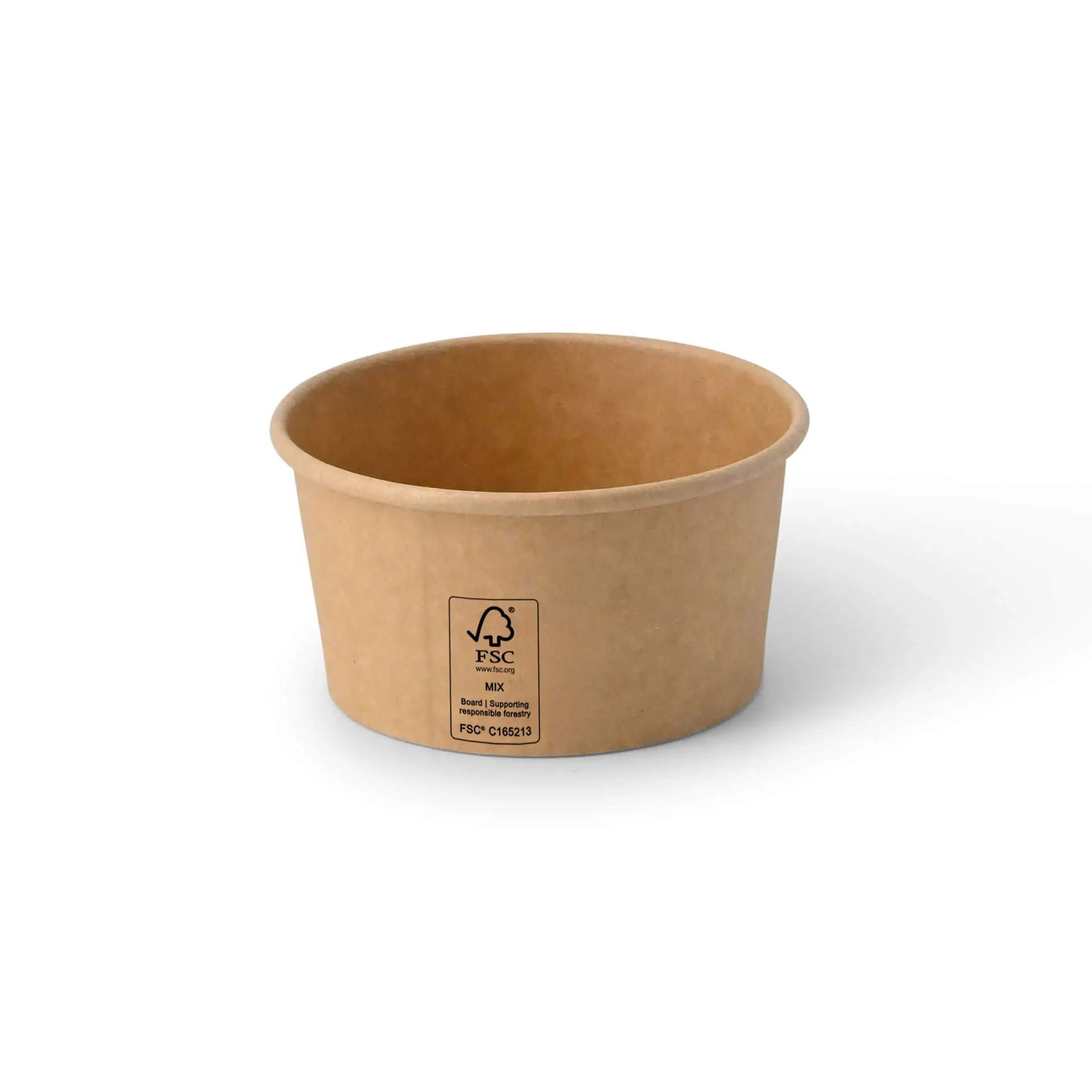 Brown round paper cup with a diameter of 92 mm and a height of 50 mm, featuring a label with markings.