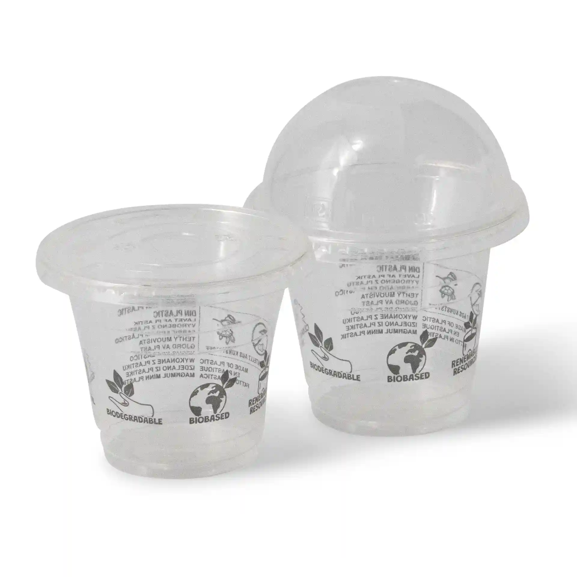 Transparent 8 oz PLA smoothie cups with smooth surface, featuring a dome lid and printed markings.