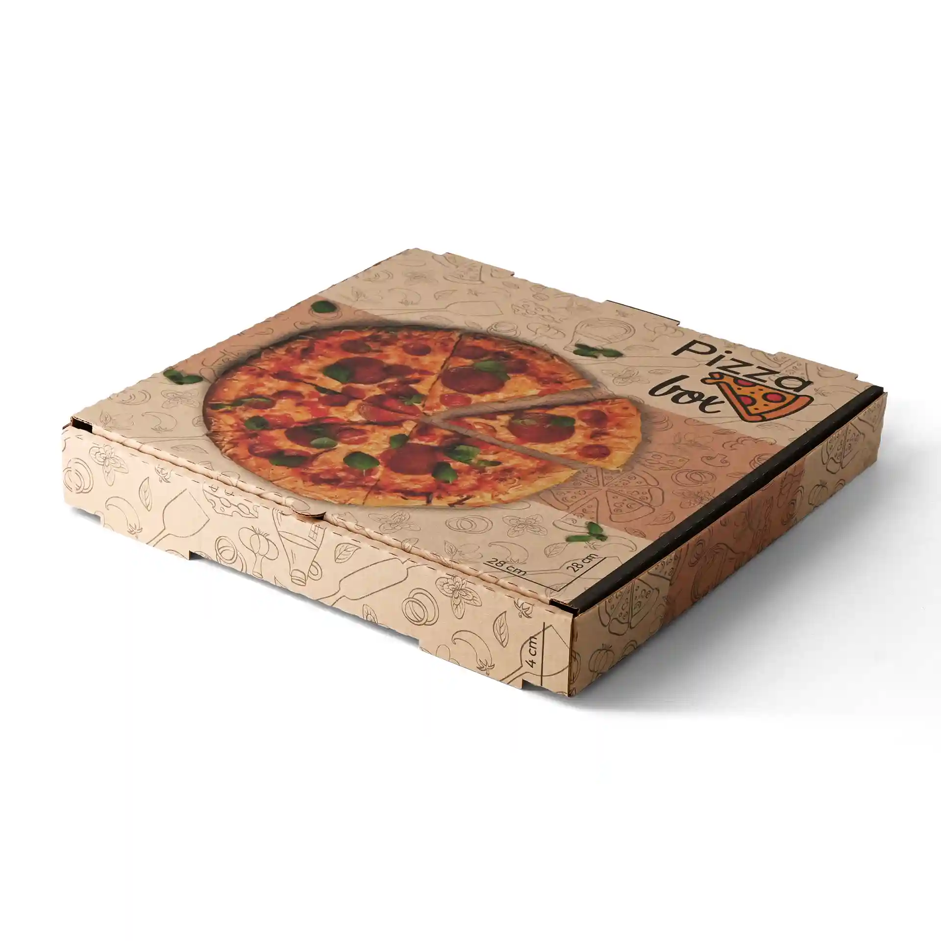 Braune Pizzaschachtel mit einem gedruckten Pizzadesign oben, 28 x 28 x 4 cm groß.