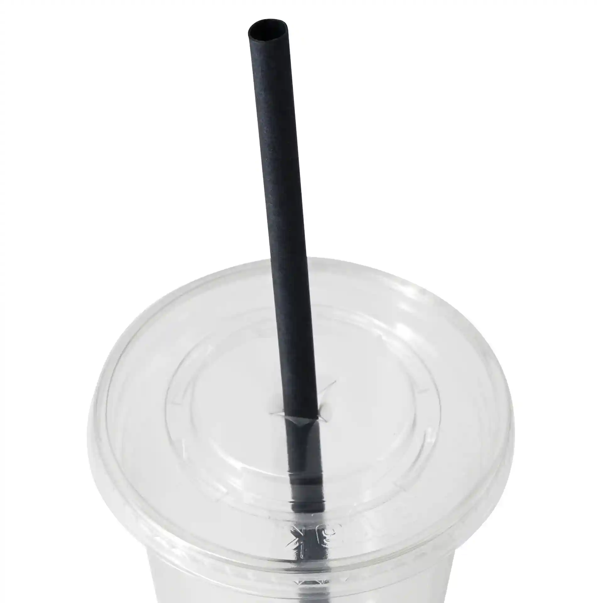 Black paper drinking straw, 23 cm long and 0.8 cm wide, inserted into a clear plastic cup.