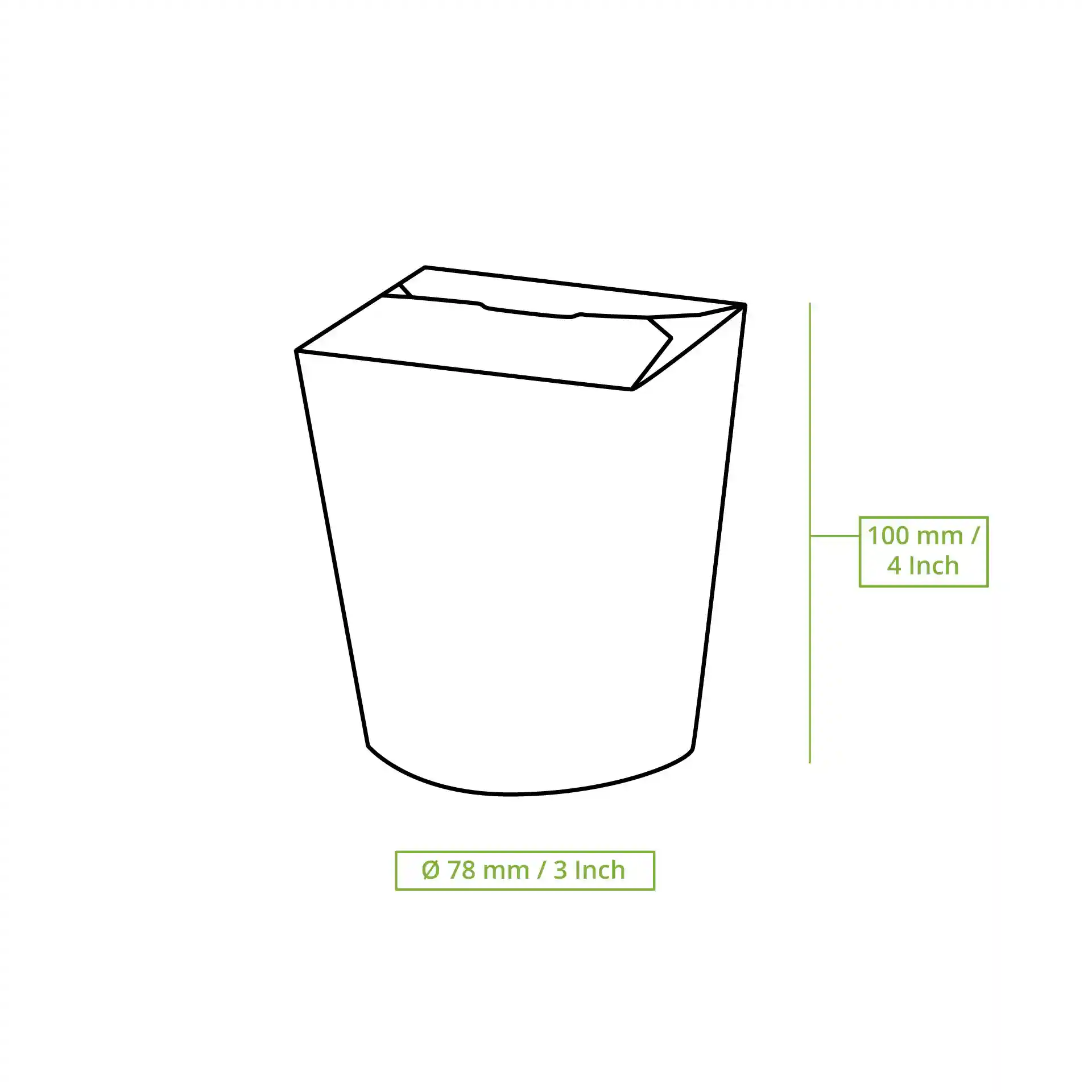 Schematic drawing of a round noodle box with dimensions 100 mm height and 75 mm diameter.