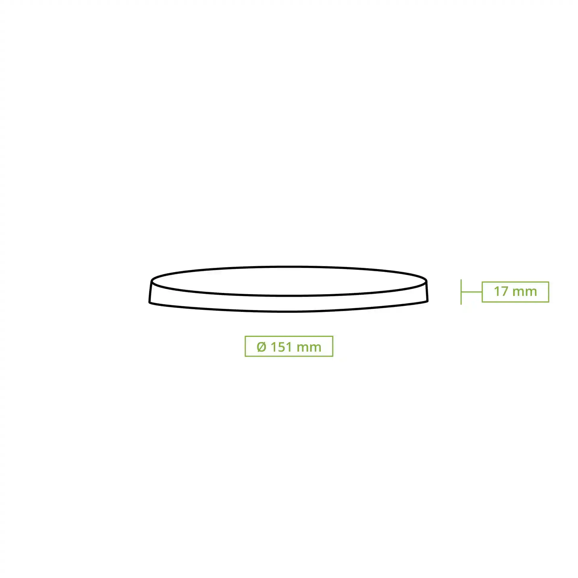 Schematische Zeichnung eines runden Kartondeckels mit einem Durchmesser von 151 mm und einer Höhe von 17 mm.