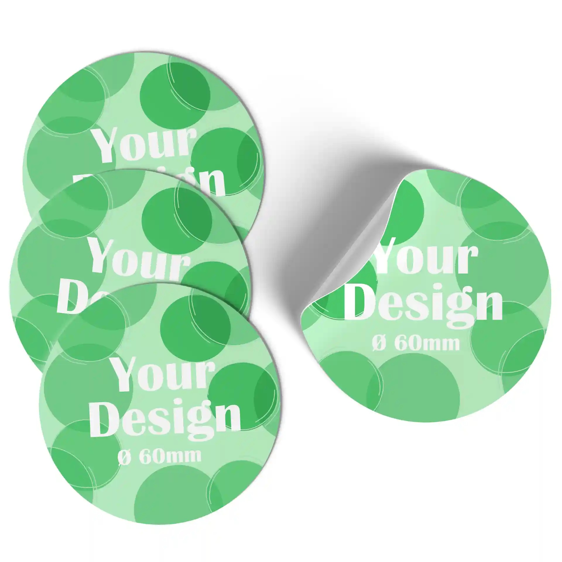 Round printed labels with a green design, measuring 60 mm in diameter, on a white matte background.