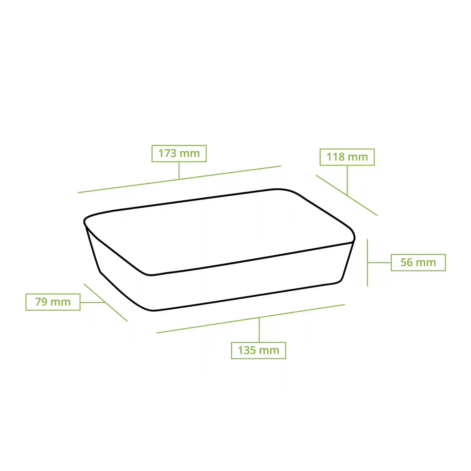 Schematic drawing of a rectangular bowl with dimensions: 173 mm length, 118 mm width, and 56 mm height.