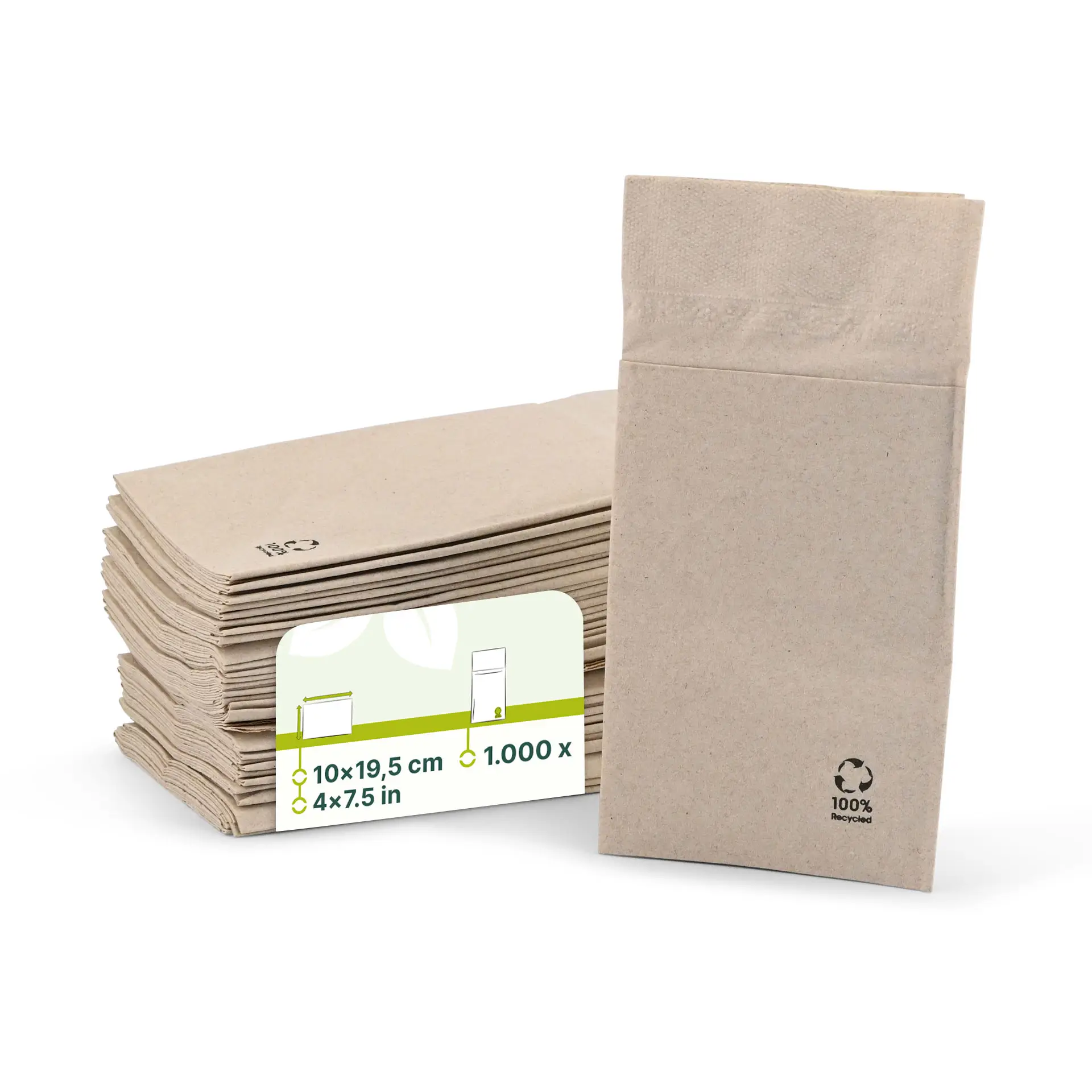 Besteck-Servietten aus recyceltem Papier 10 x 19,5 cm, 2-lagig, ungebleicht Besteck-Servietten aus recyceltem Papier 10 x 19,5 cm, 2-lagig, ungebleicht