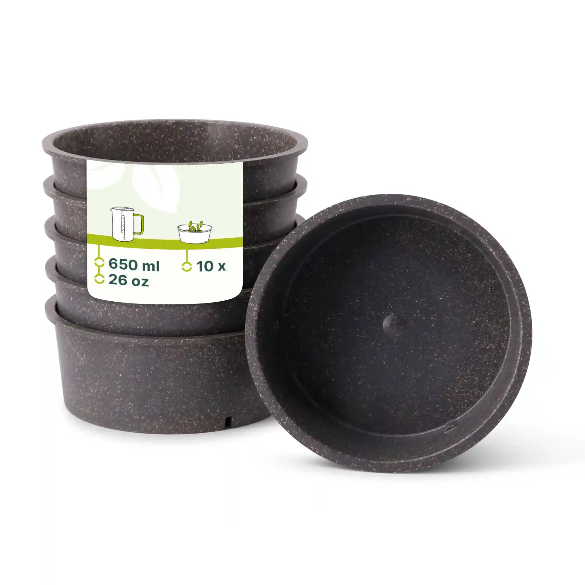 Set of ten round reusable bowls in grey, each with a capacity of 650 ml and a diameter of 156 mm.