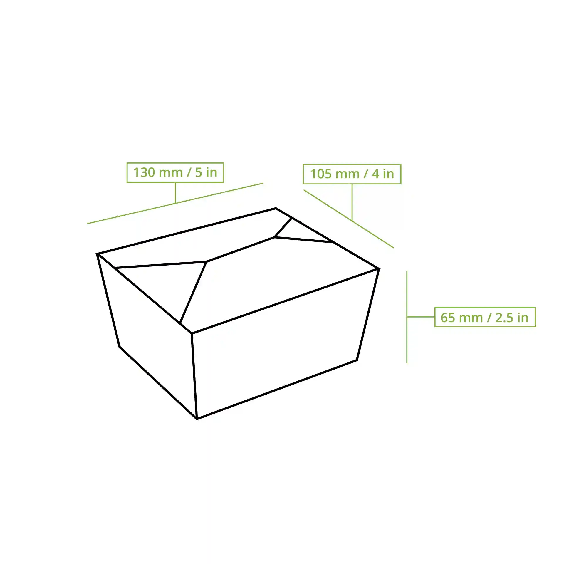 Schematic drawing of a rectangular take-away cardboard box with dimension lines indicating 130 mm, 105 mm, and 65 mm.