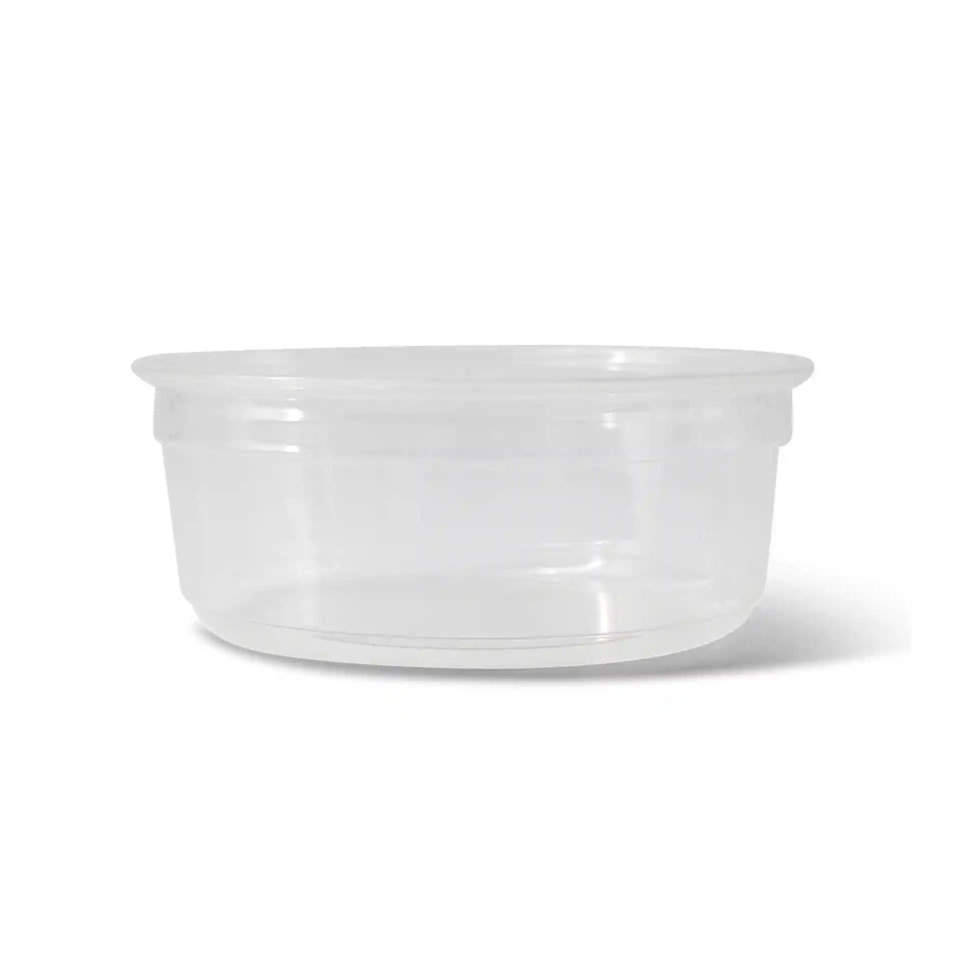 Transparent round deli container with a diameter of 117 mm and a height of 43 mm, holding 250 ml.