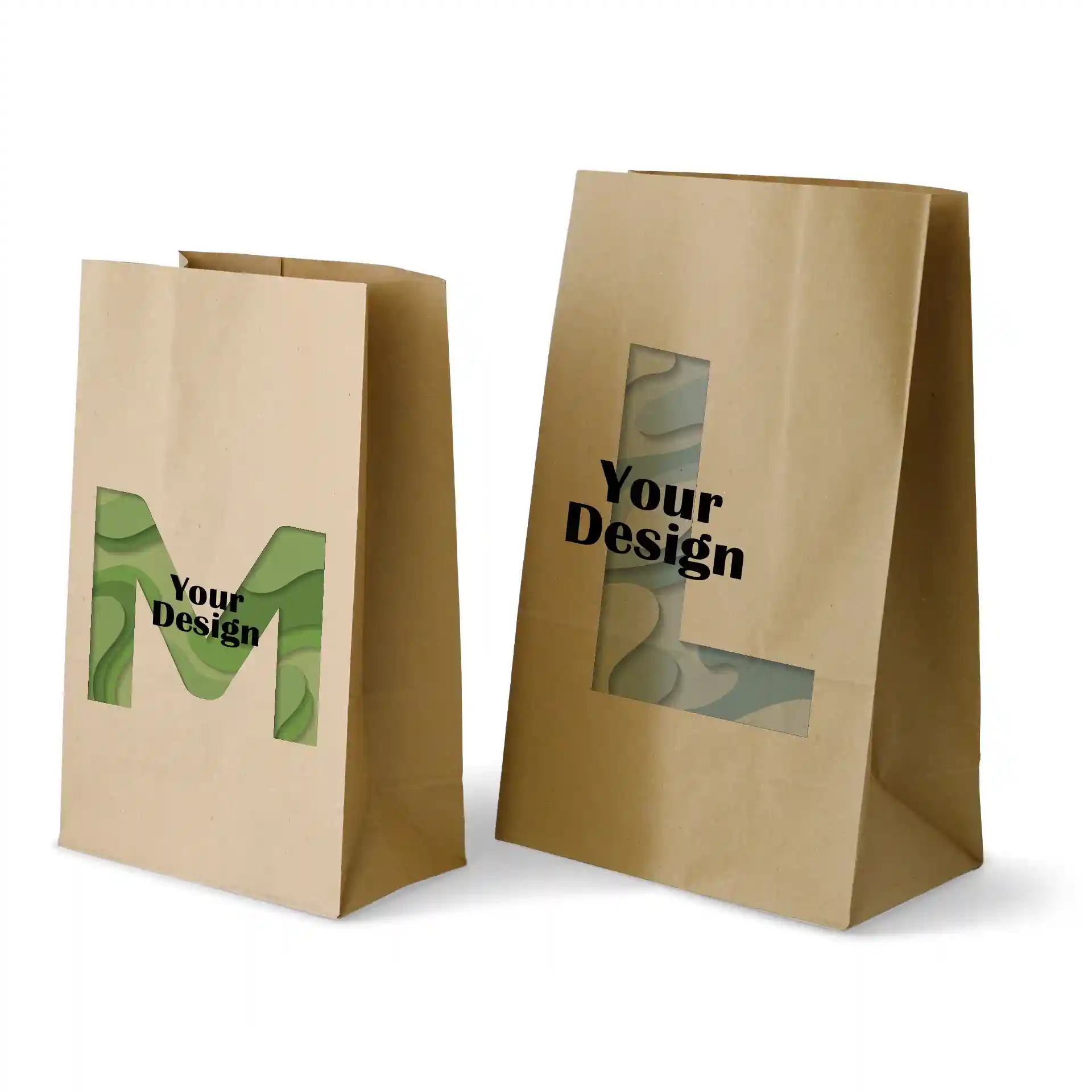 Brown printed paper bags without handles, one marked 'M' and the other 'L', both featuring a design window.