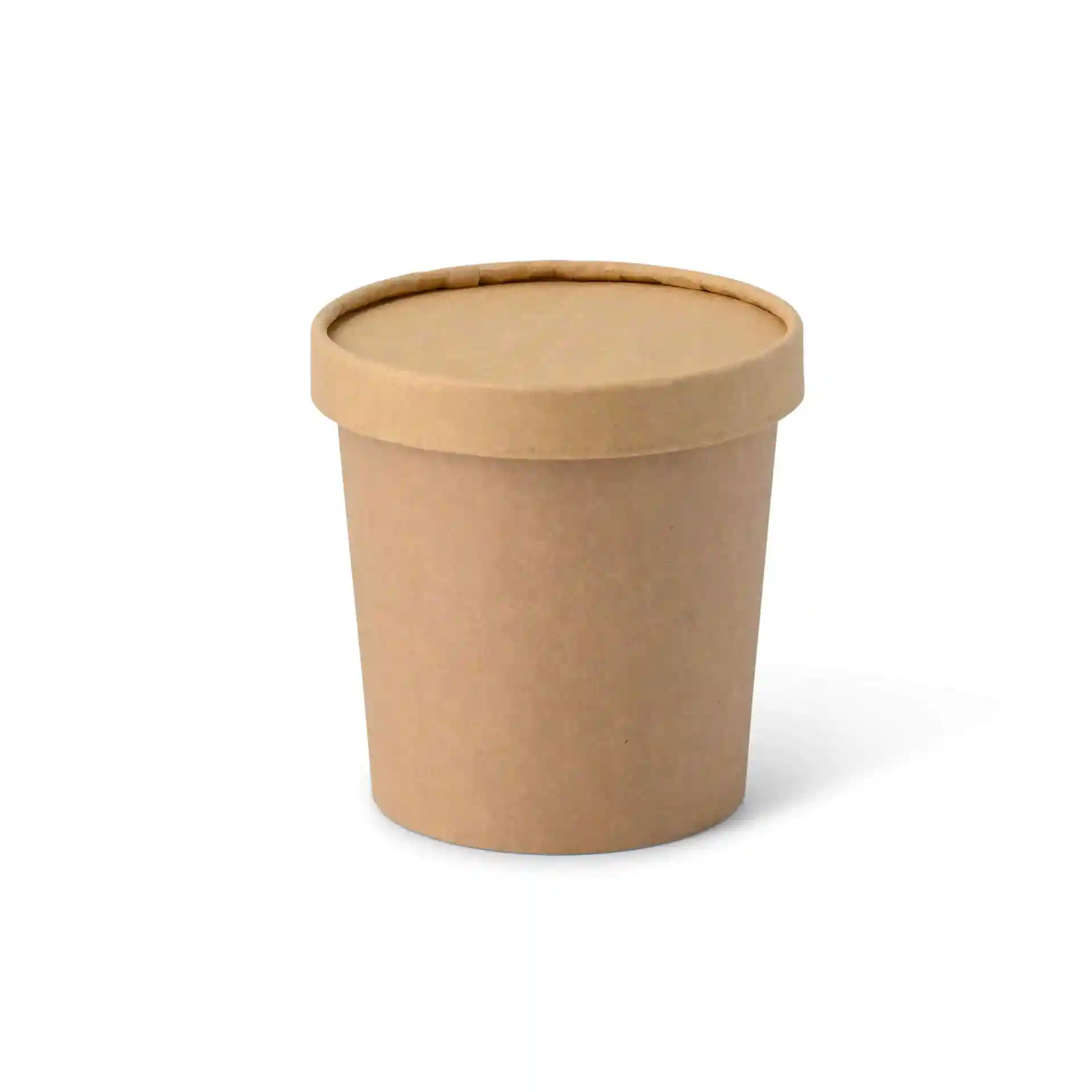 Brown cardboard round container with a matching lid, suitable for ice cream or similar products.
