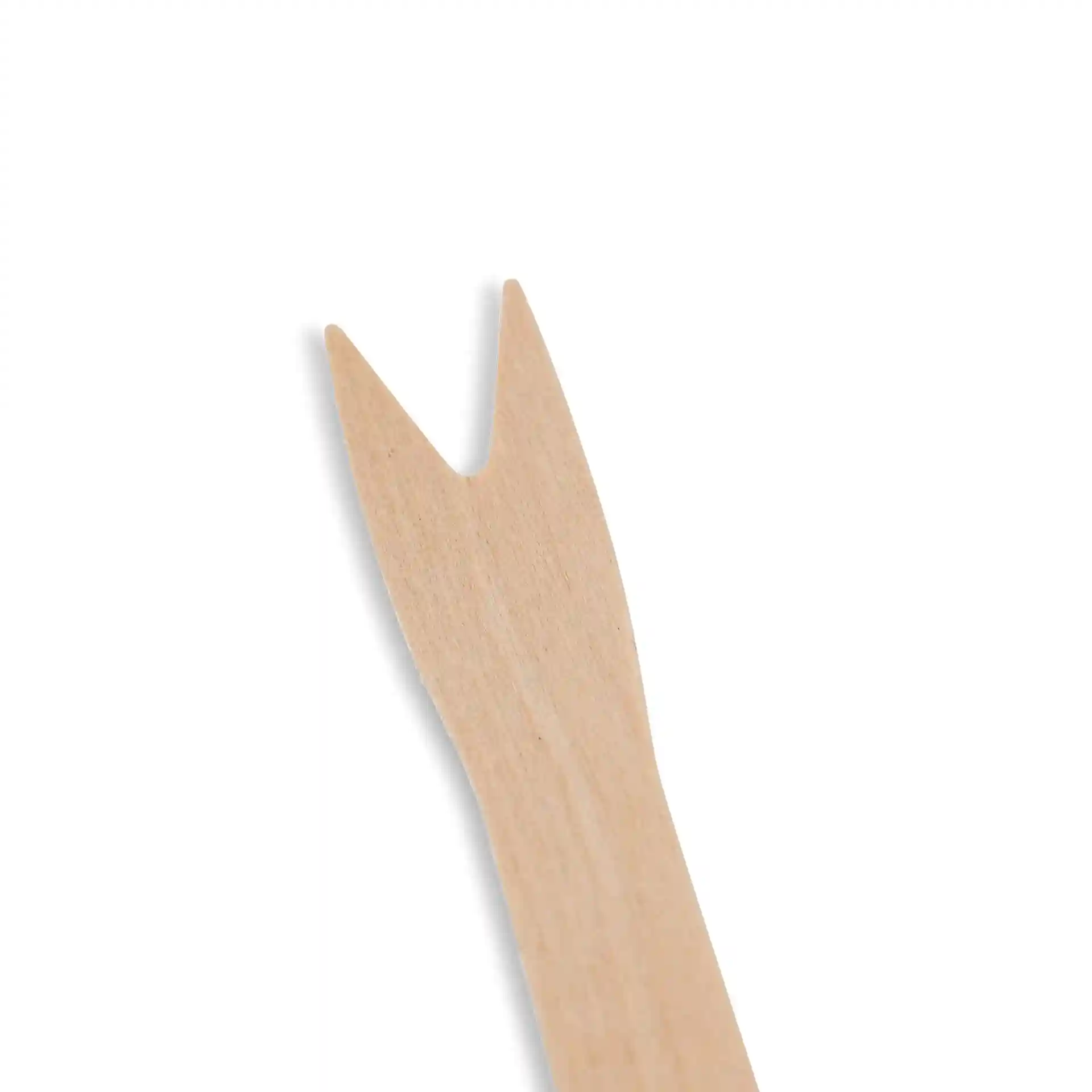 Wooden chip fork, 8.5 cm long, with a forked end, made of brown wood on a plain background.
